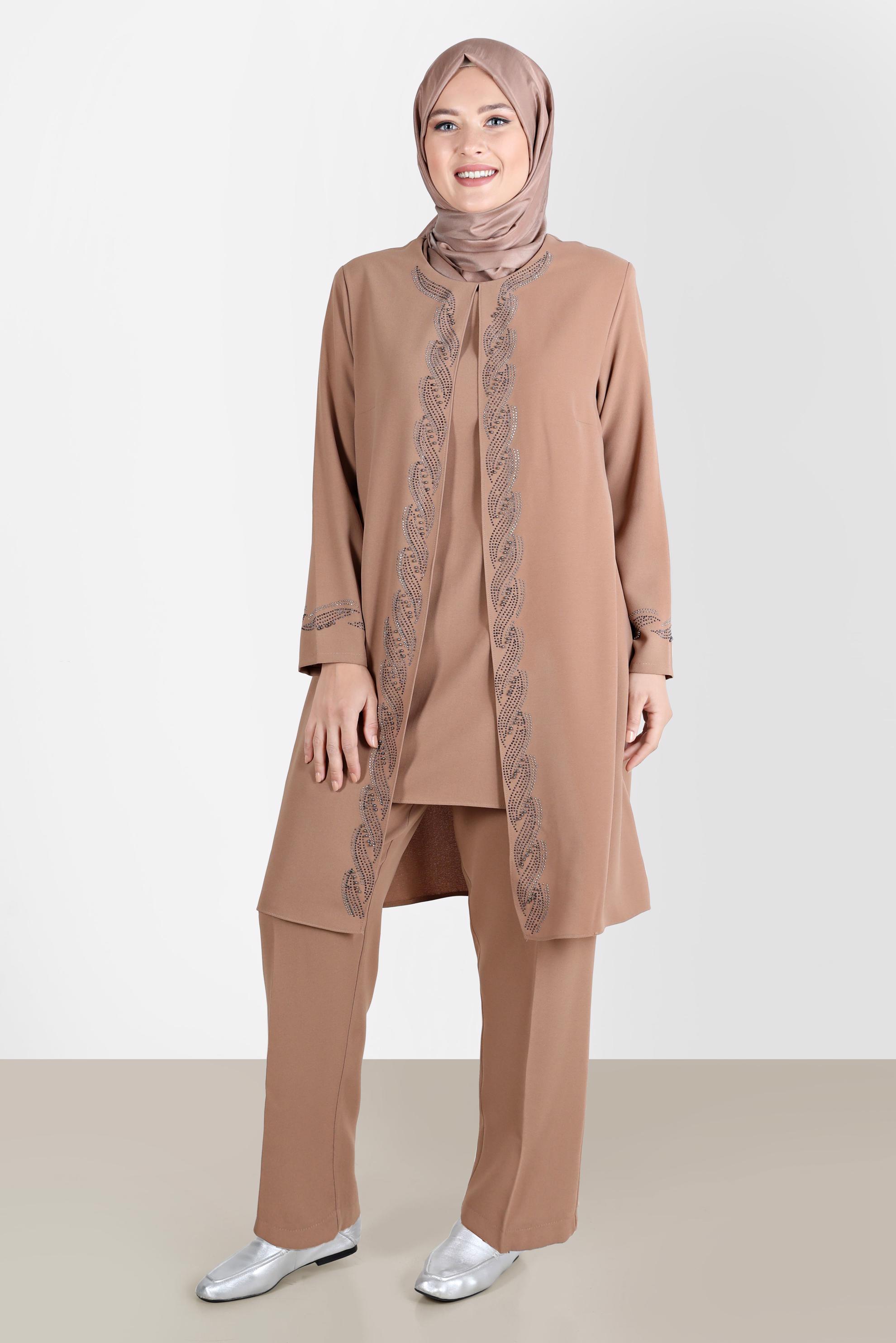 Tesettür giyim KAHVE TAŞ DETAYLI KREP İKİLİ PANT. TAKIM 20243 