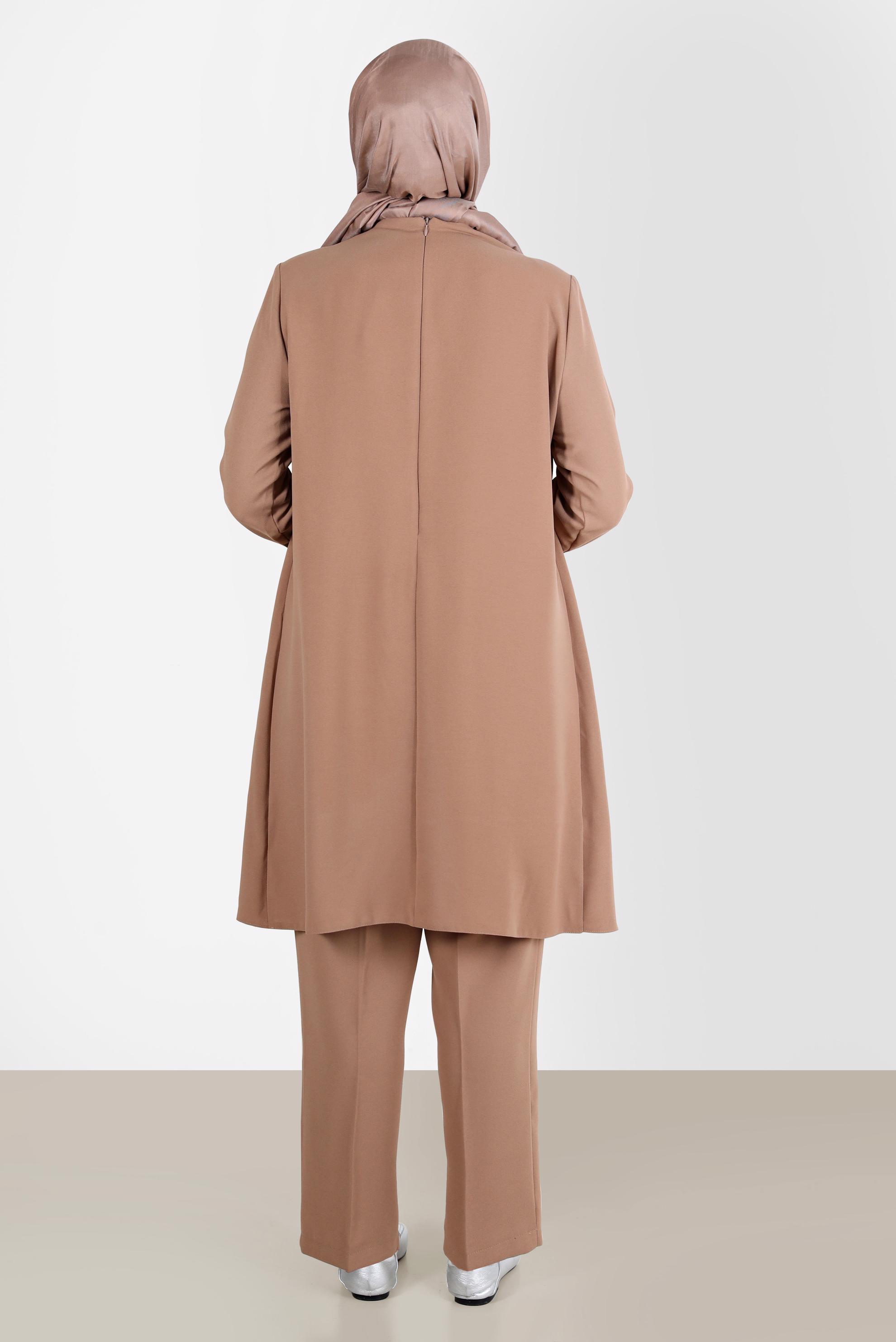 Tesettür giyim KAHVE TAŞ DETAYLI KREP İKİLİ PANT. TAKIM 20243 