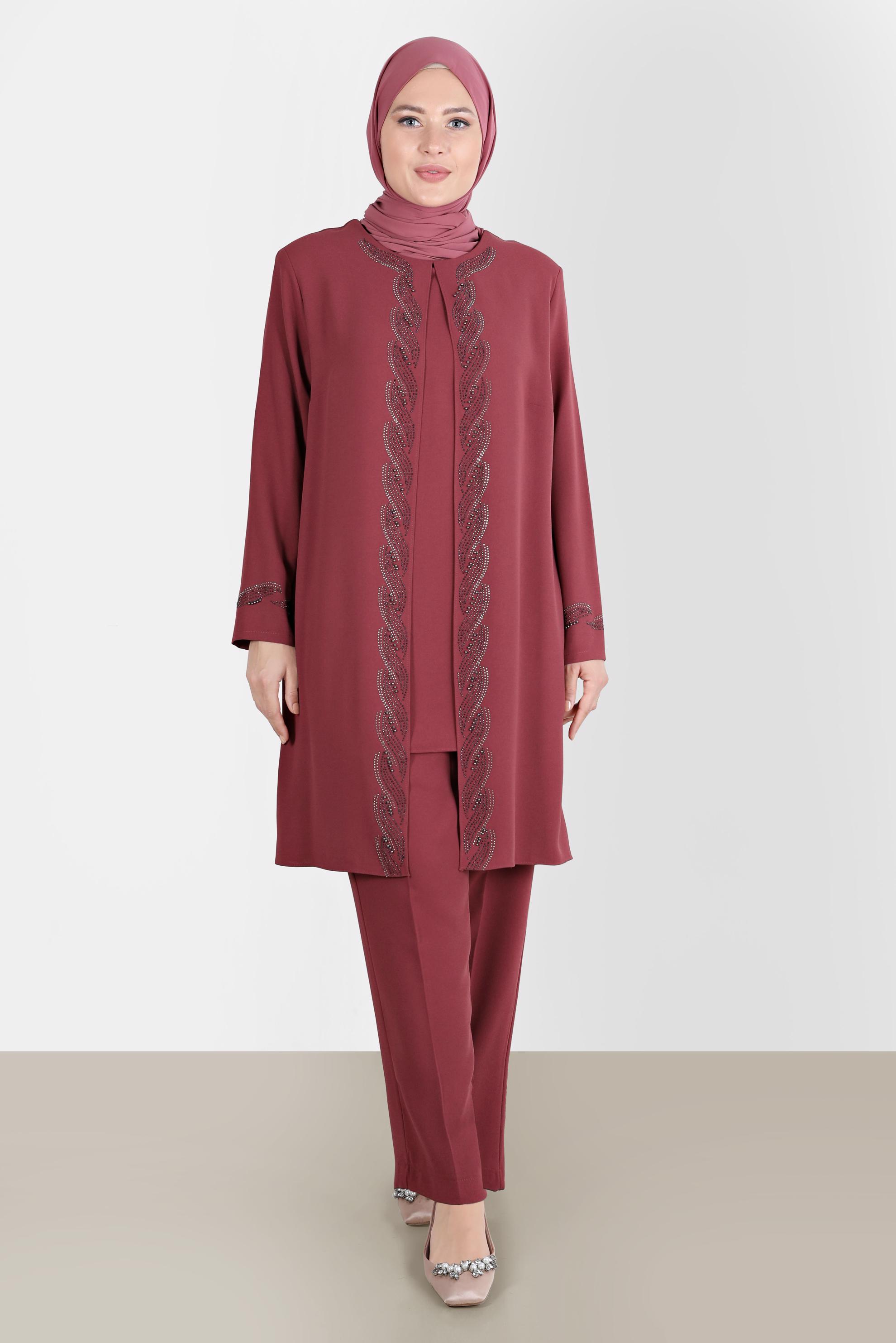 Tesettür giyim TURUNCU TAŞ DETAYLI KREP İKİLİ PANT. TAKIM 20243 