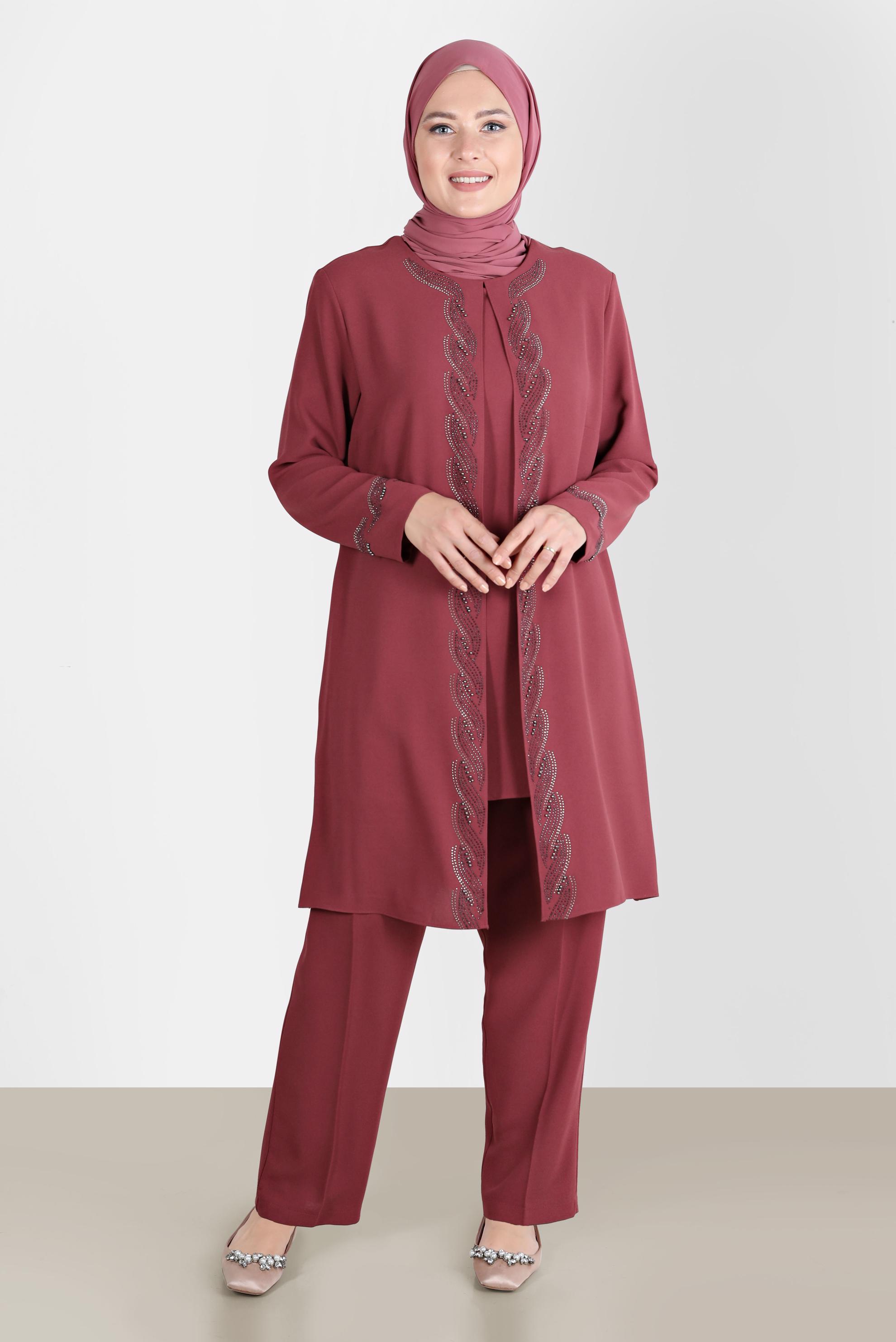 Tesettür giyim TURUNCU TAŞ DETAYLI KREP İKİLİ PANT. TAKIM 20243 