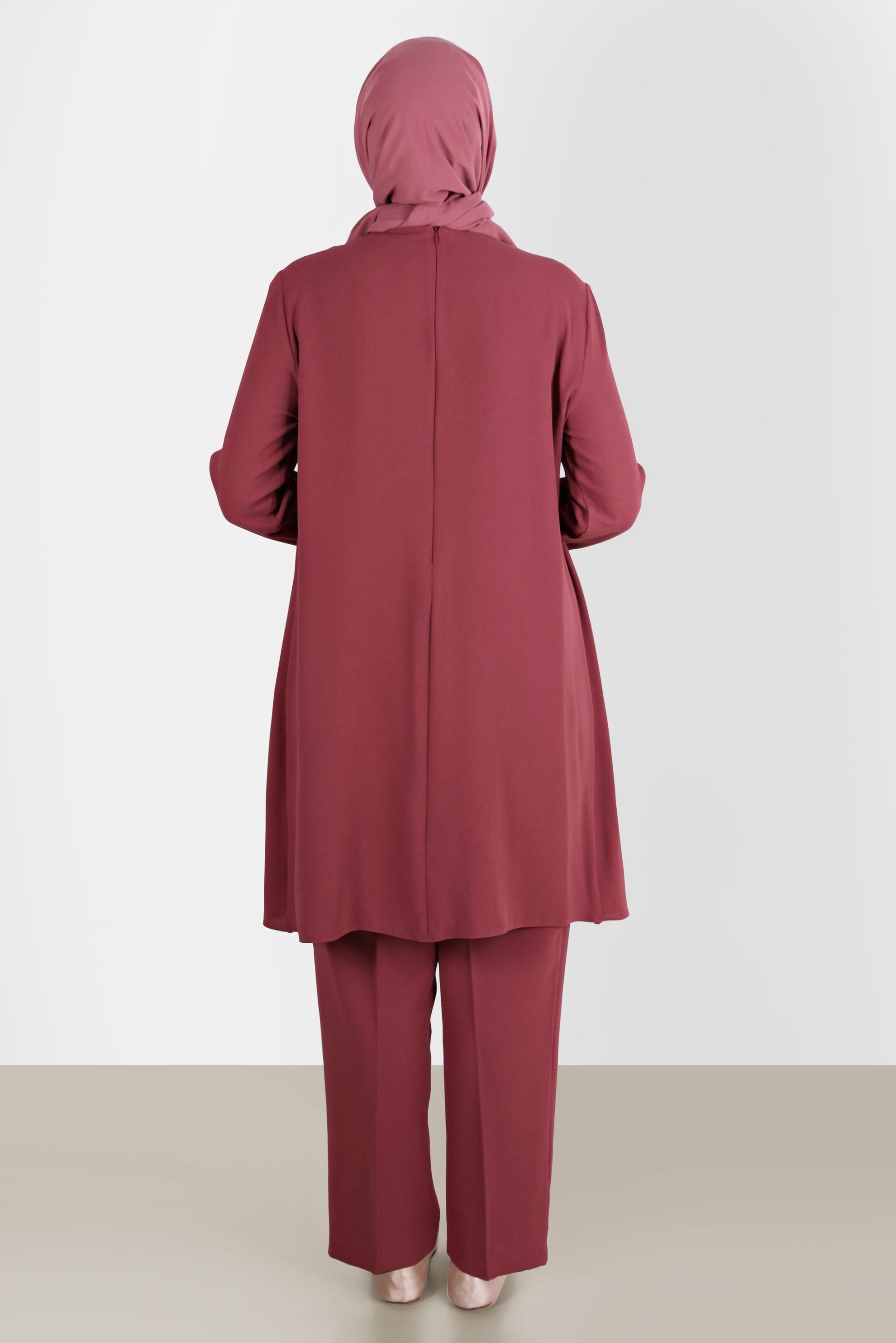 Tesettür giyim TURUNCU TAŞ DETAYLI KREP İKİLİ PANT. TAKIM 20243 