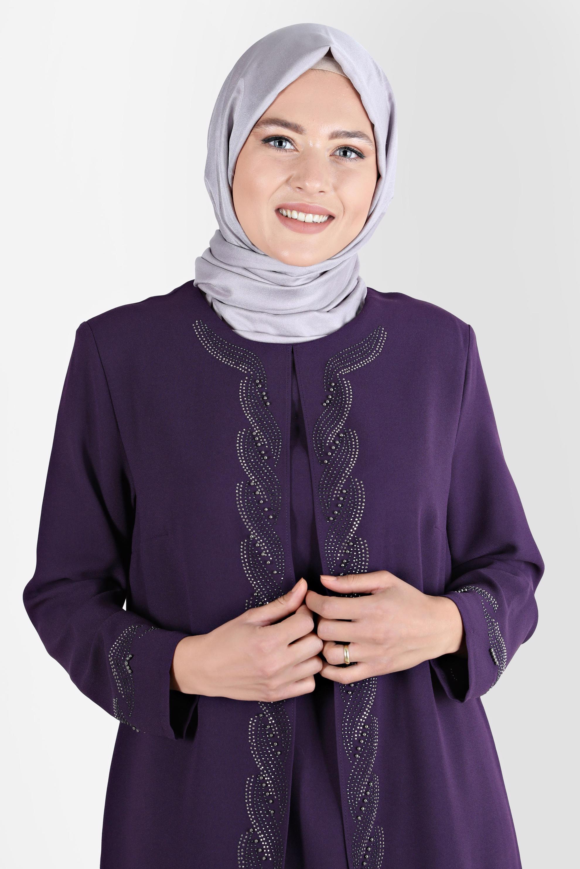 Tesettür giyim MÜRDÜM TAŞ DETAYLI KREP İKİLİ PANT. TAKIM 20243 