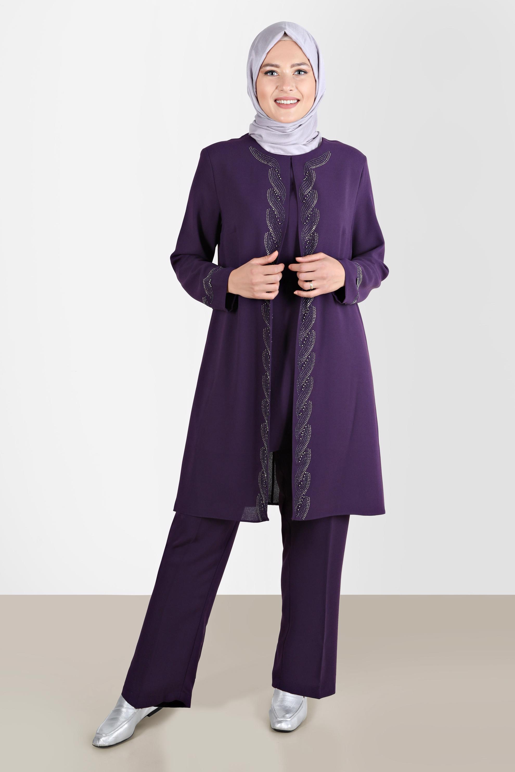 Tesettür giyim MÜRDÜM TAŞ DETAYLI KREP İKİLİ PANT. TAKIM 20243 