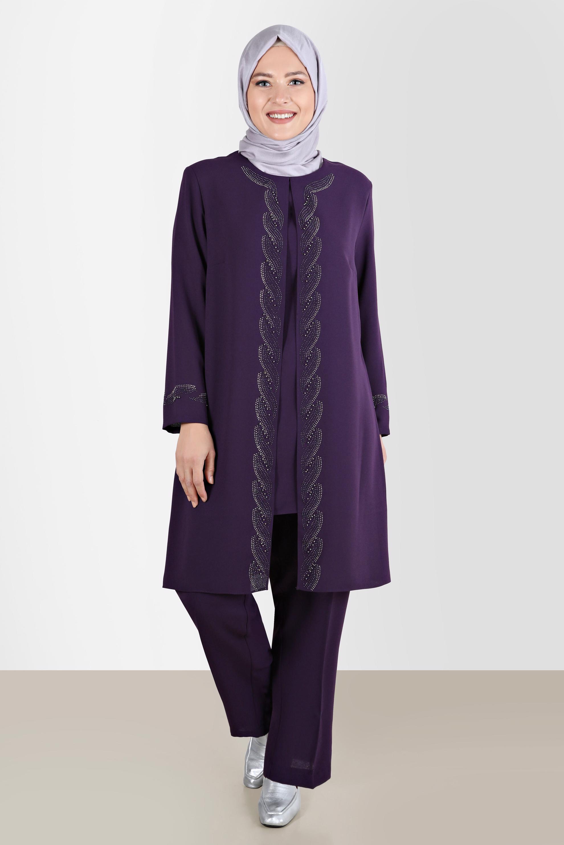 Tesettür giyim MÜRDÜM TAŞ DETAYLI KREP İKİLİ PANT. TAKIM 20243 