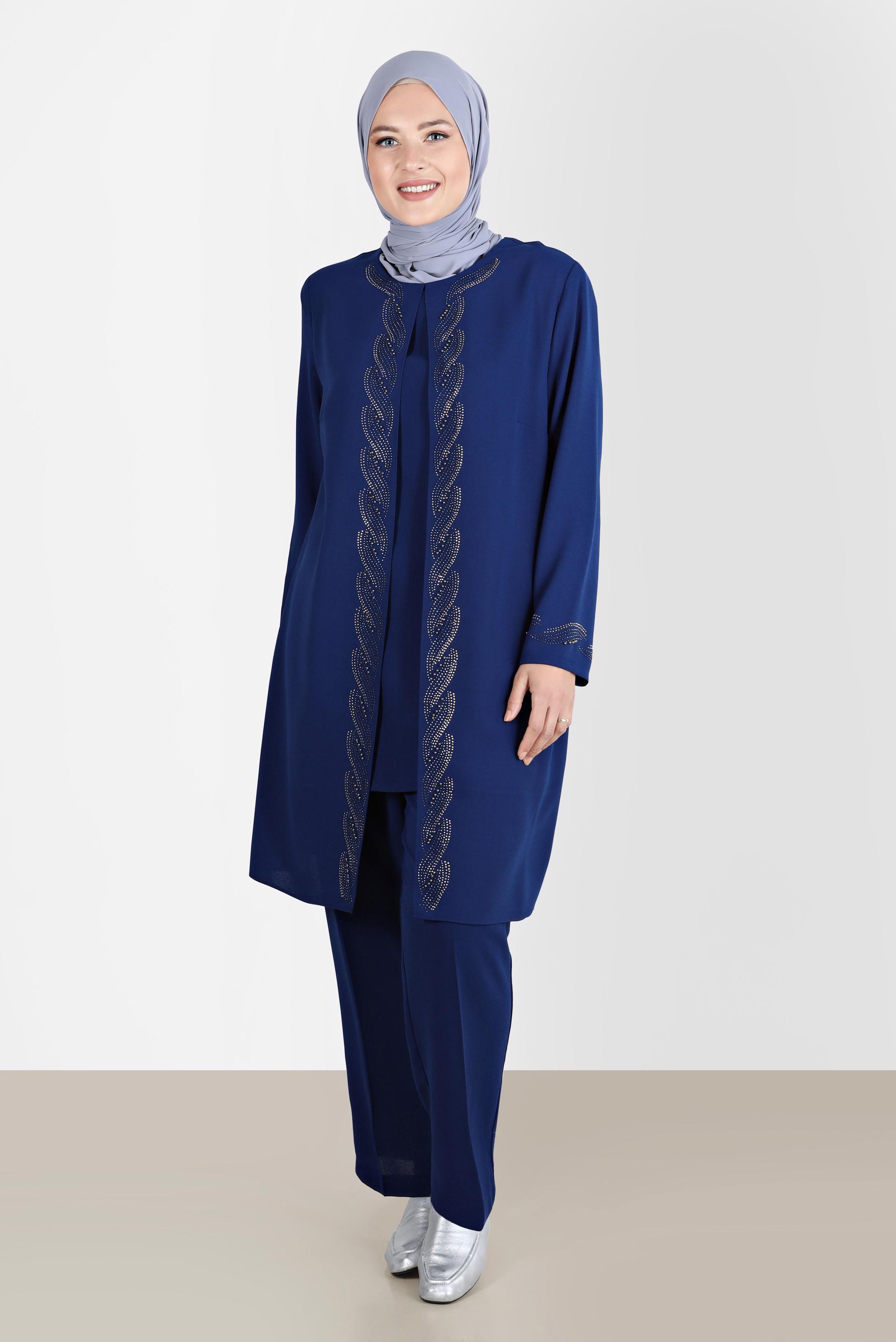 Tesettür giyim LACİVERT TAŞ DETAYLI KREP İKİLİ PANT. TAKIM 20243 