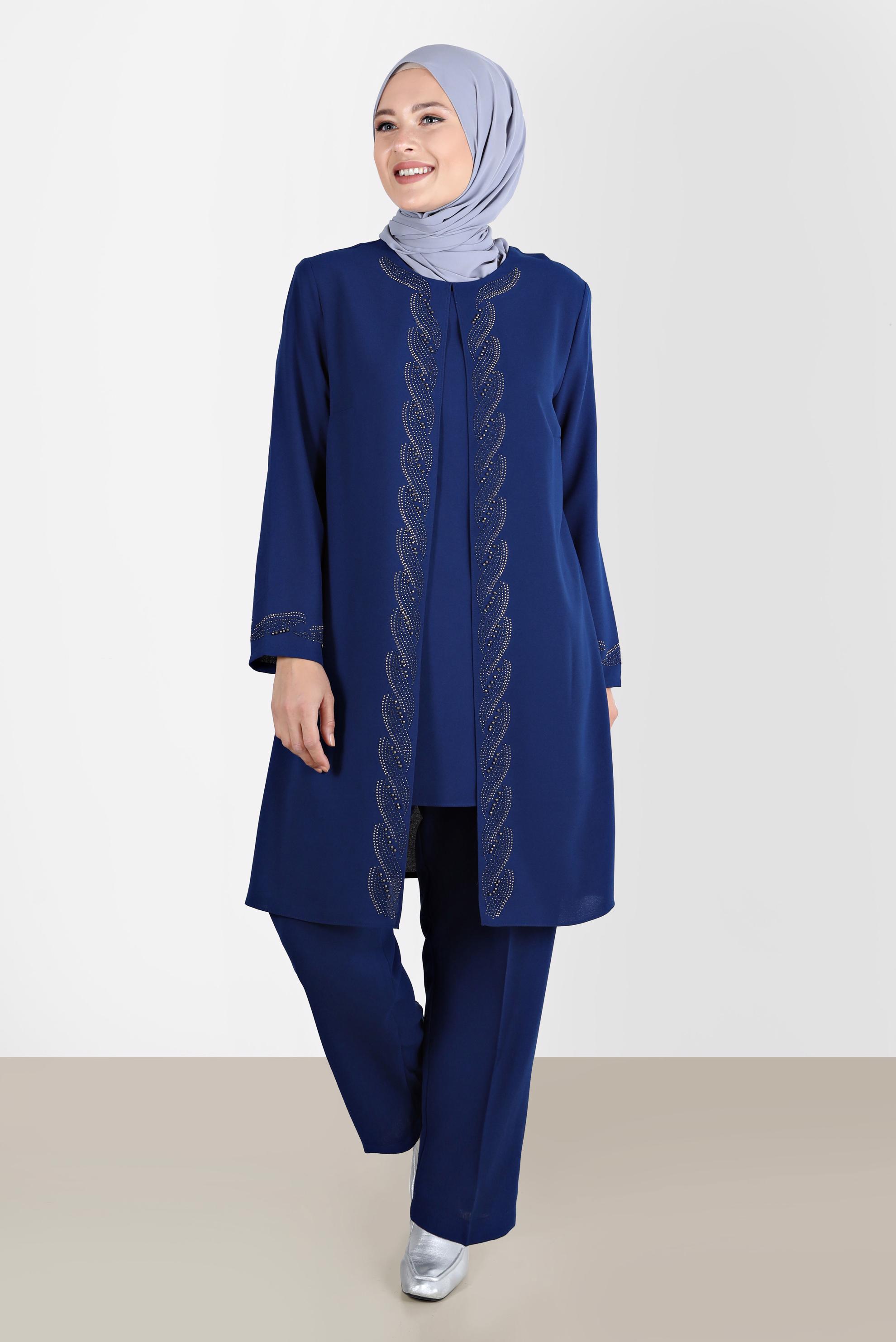 Tesettür giyim LACİVERT TAŞ DETAYLI KREP İKİLİ PANT. TAKIM 20243 