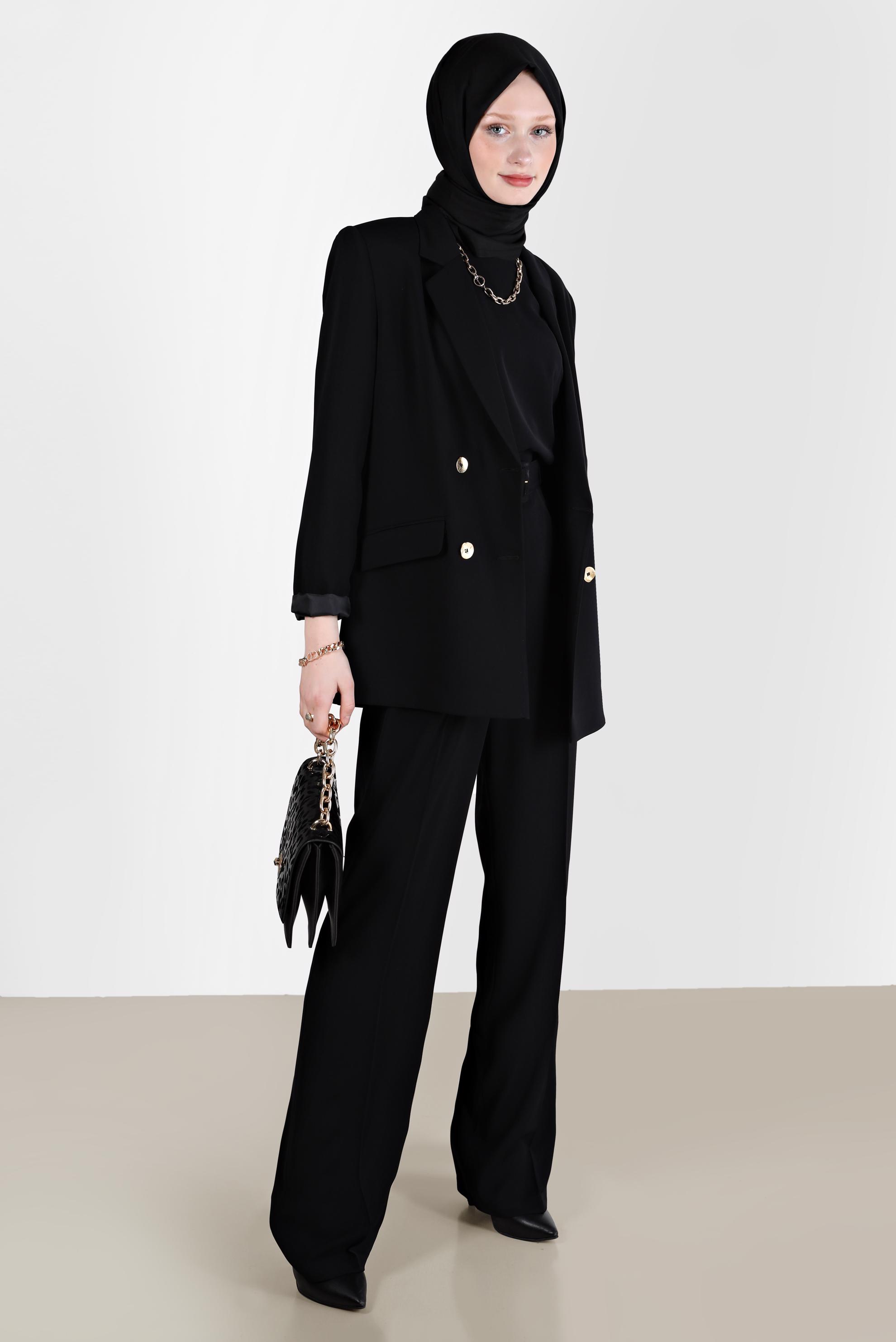 Tesettür giyim SİYAH KEMERLİ KLASİK ÜÇLÜ PANT. TAKIM 30251 