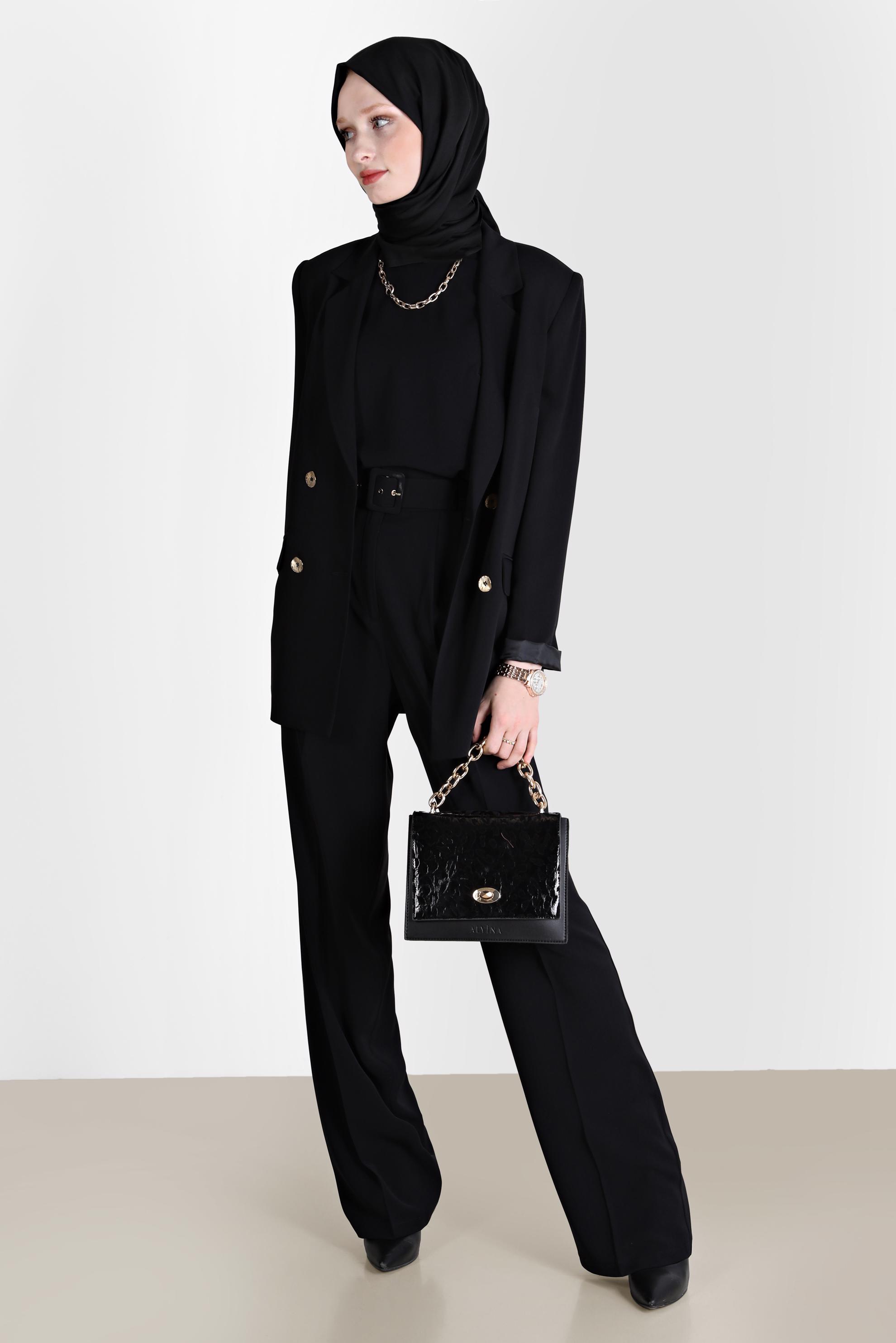 Tesettür giyim SİYAH KEMERLİ KLASİK ÜÇLÜ PANT. TAKIM 30251 