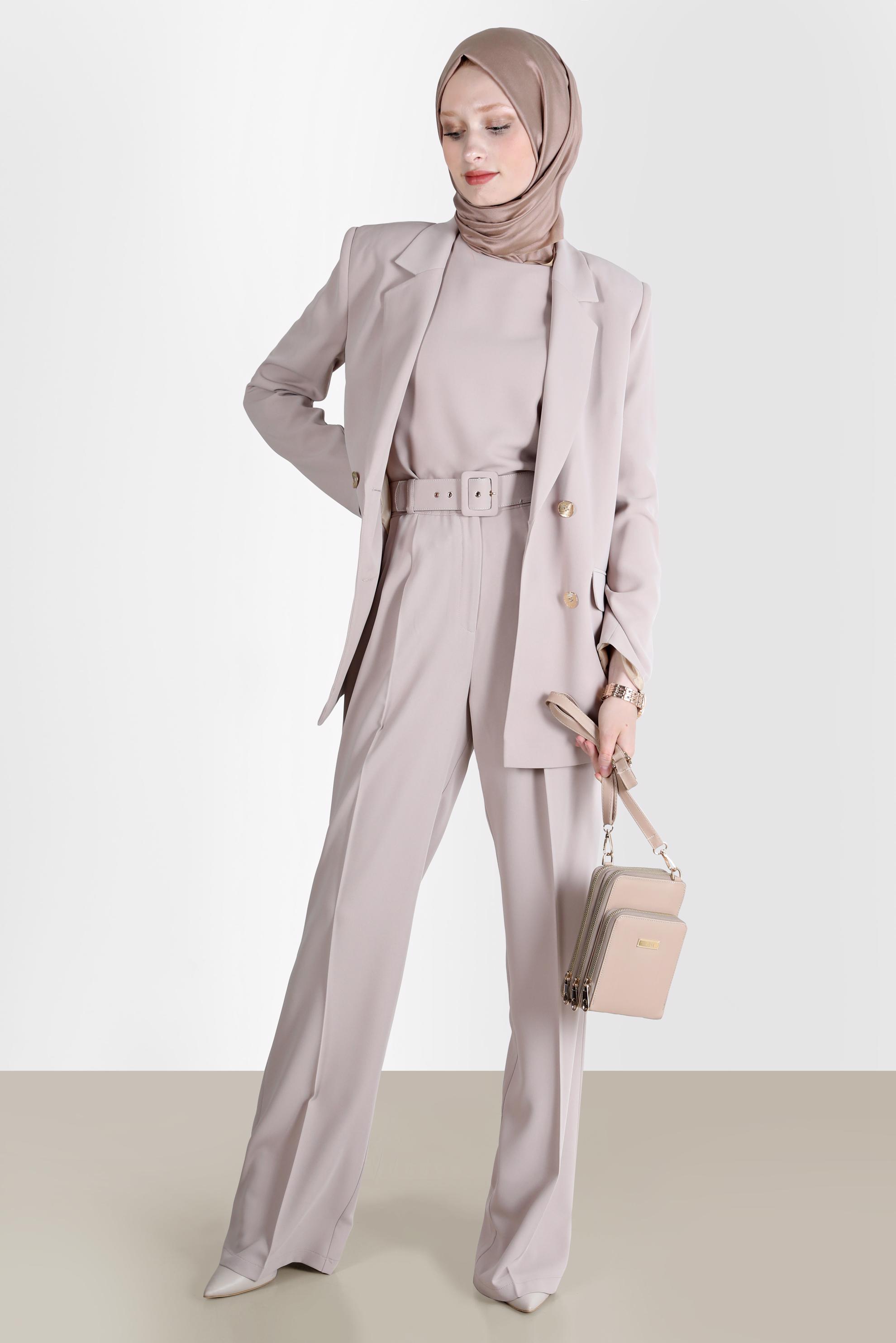 Tesettür giyim BEJ KEMERLİ KLASİK ÜÇLÜ PANT. TAKIM 30251 