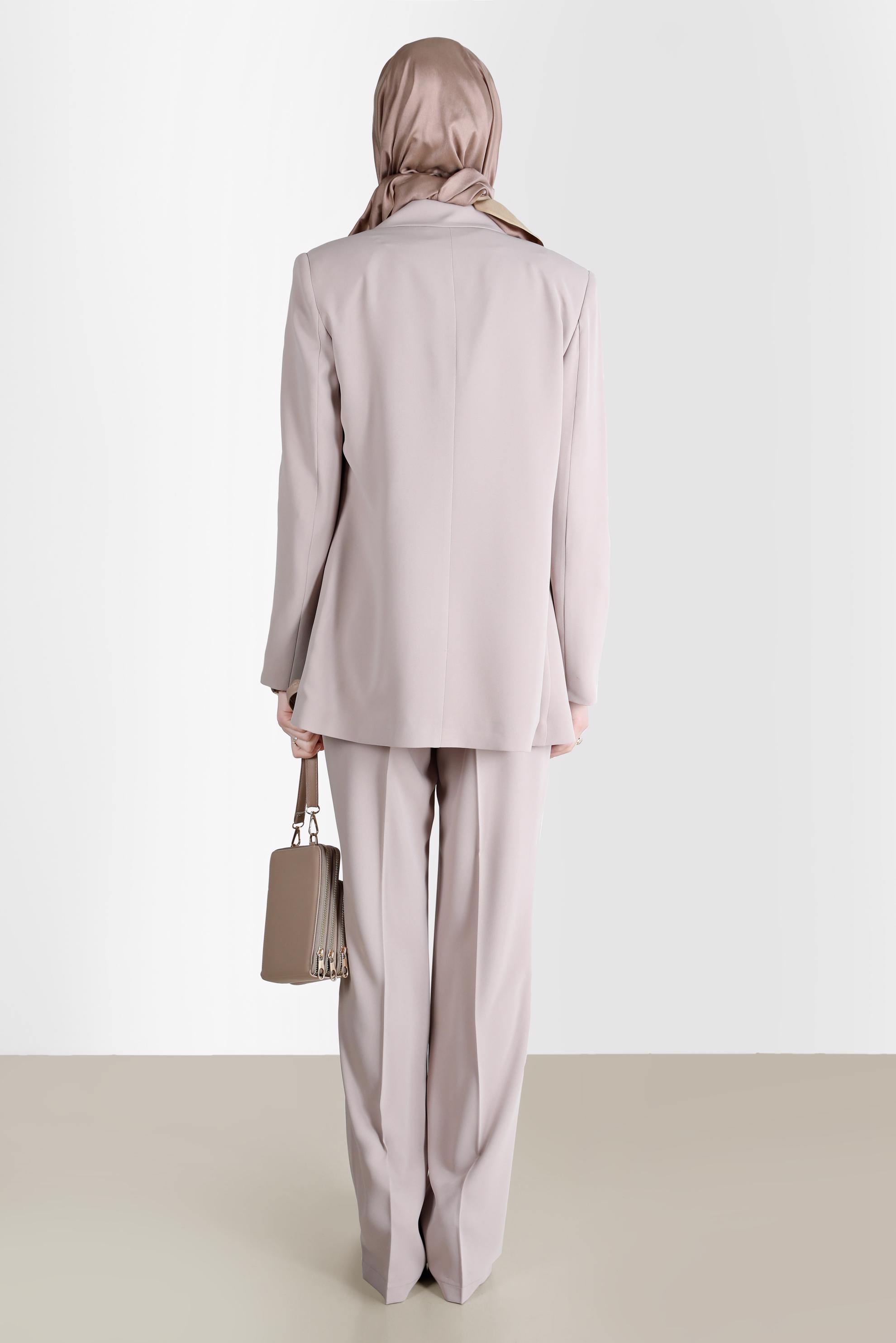 Tesettür giyim BEJ KEMERLİ KLASİK ÜÇLÜ PANT. TAKIM 30251 