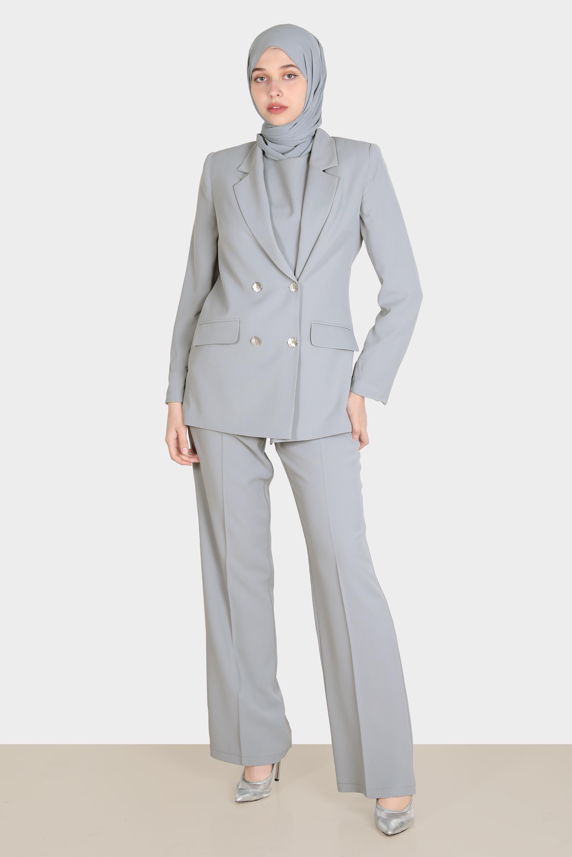 Tesettür giyim GRİ KEMERLİ KLASİK ÜÇLÜ PANT. TAKIM 30251 