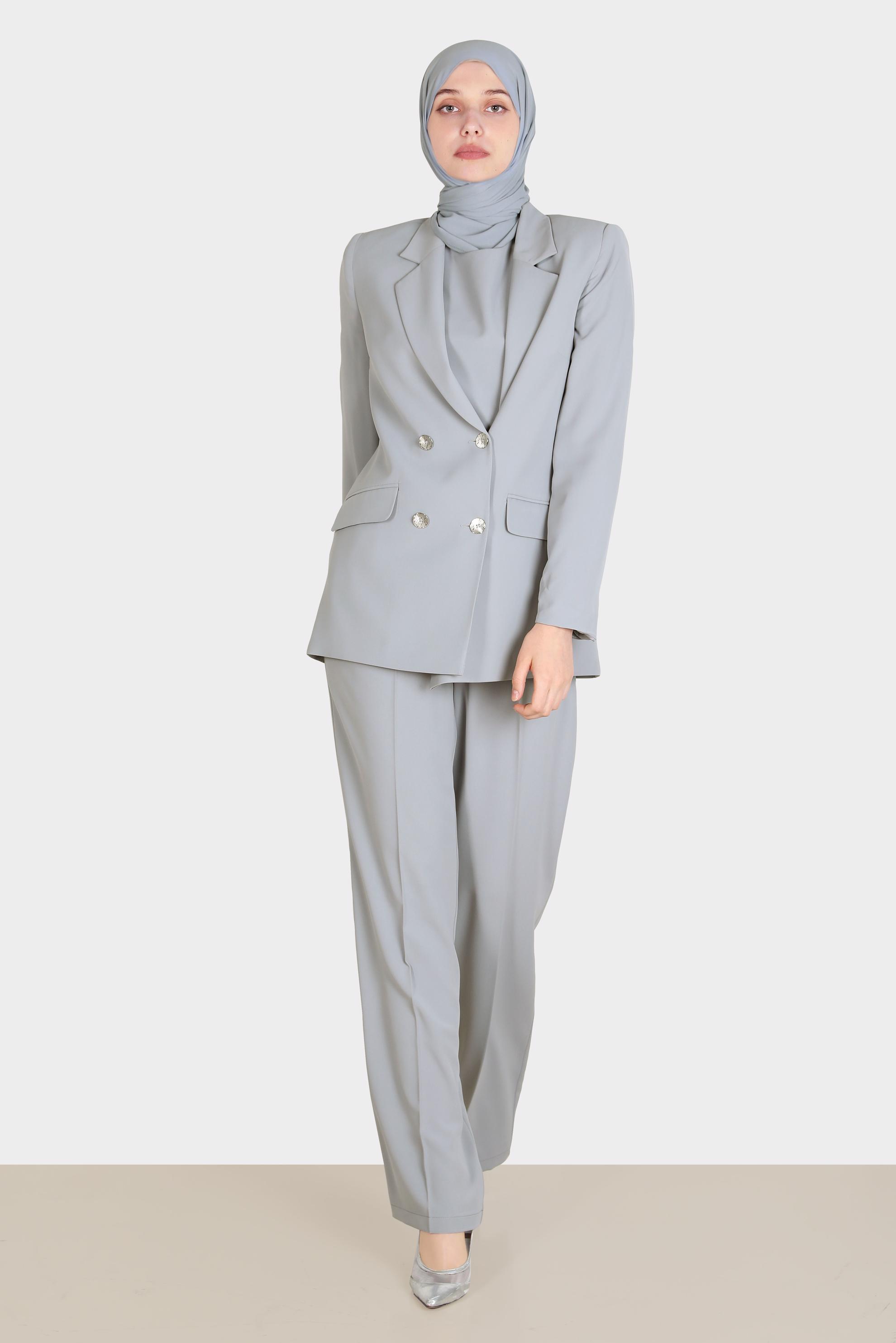 Tesettür giyim GRİ KEMERLİ KLASİK ÜÇLÜ PANT. TAKIM 30251 