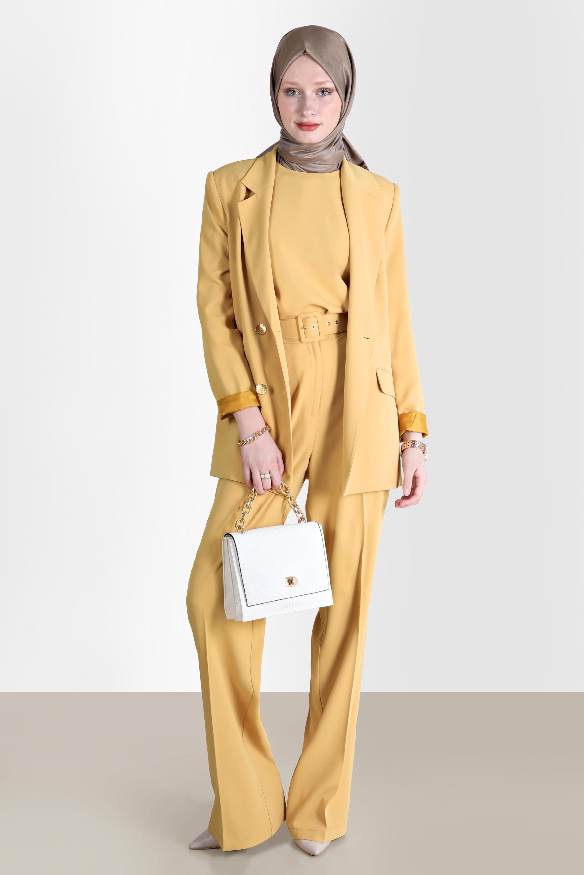 Tesettür giyim SARI KEMERLİ KLASİK ÜÇLÜ PANT. TAKIM 30251 