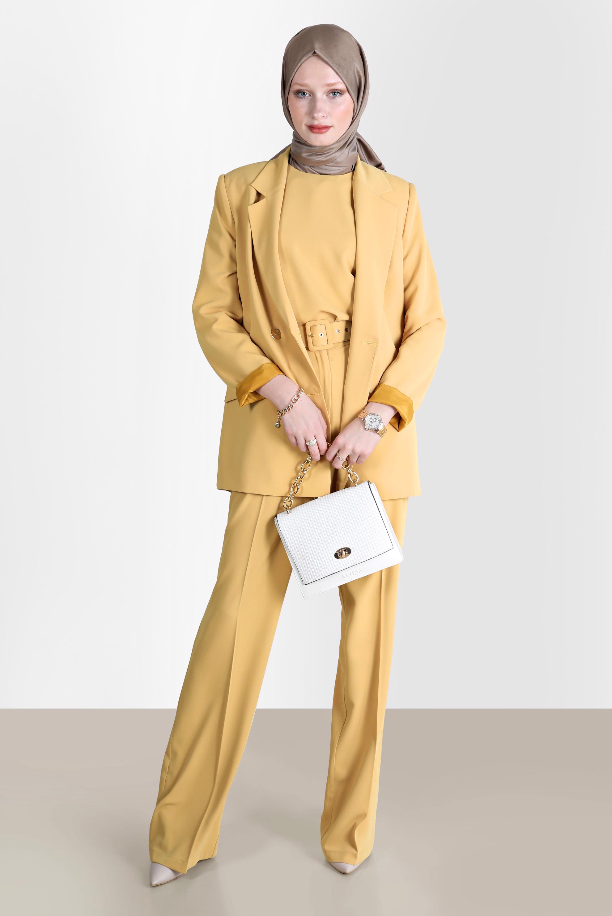 Tesettür giyim SARI KEMERLİ KLASİK ÜÇLÜ PANT. TAKIM 30251 