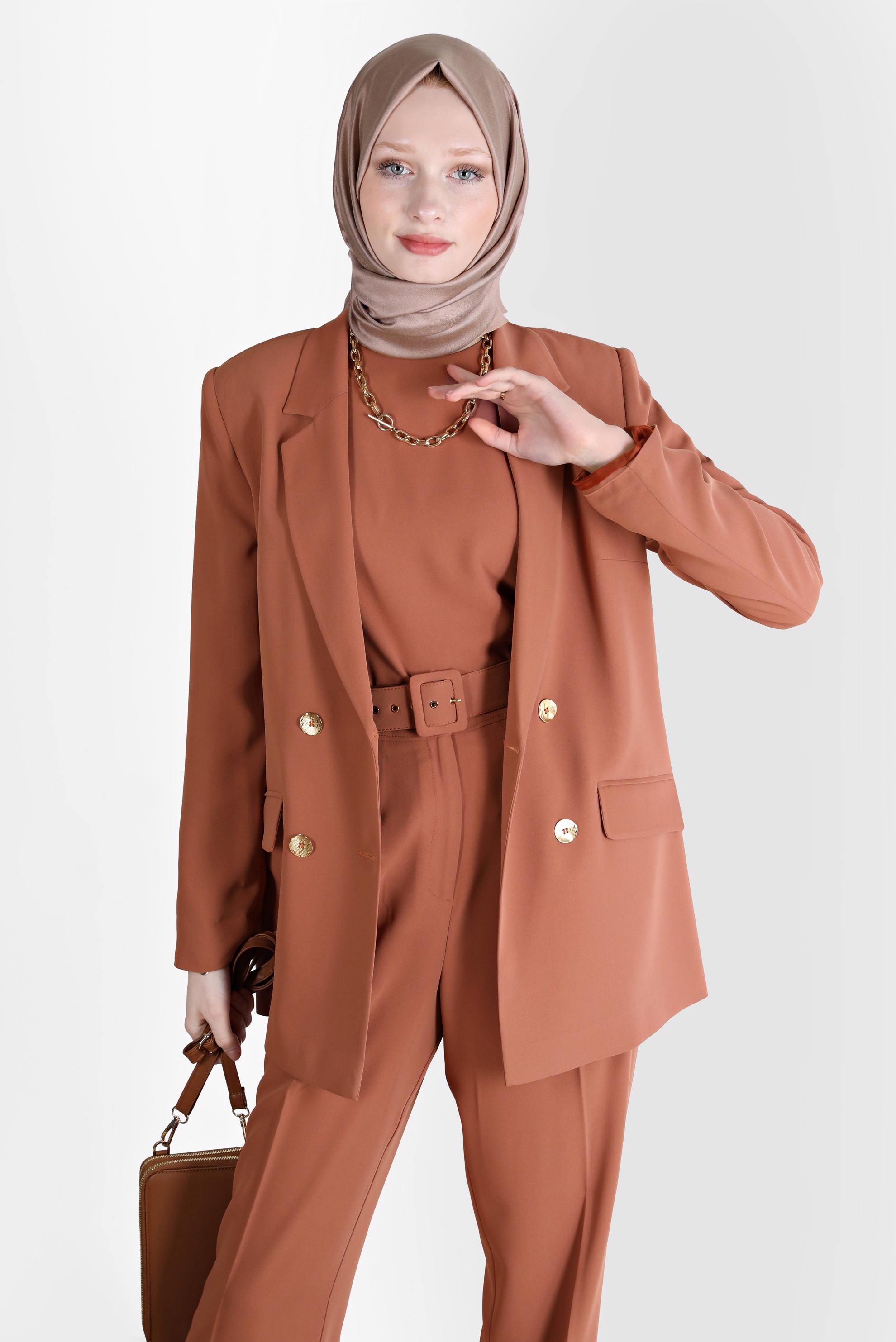 Tesettür giyim TURUNCU KEMERLİ KLASİK ÜÇLÜ PANT. TAKIM 30251 