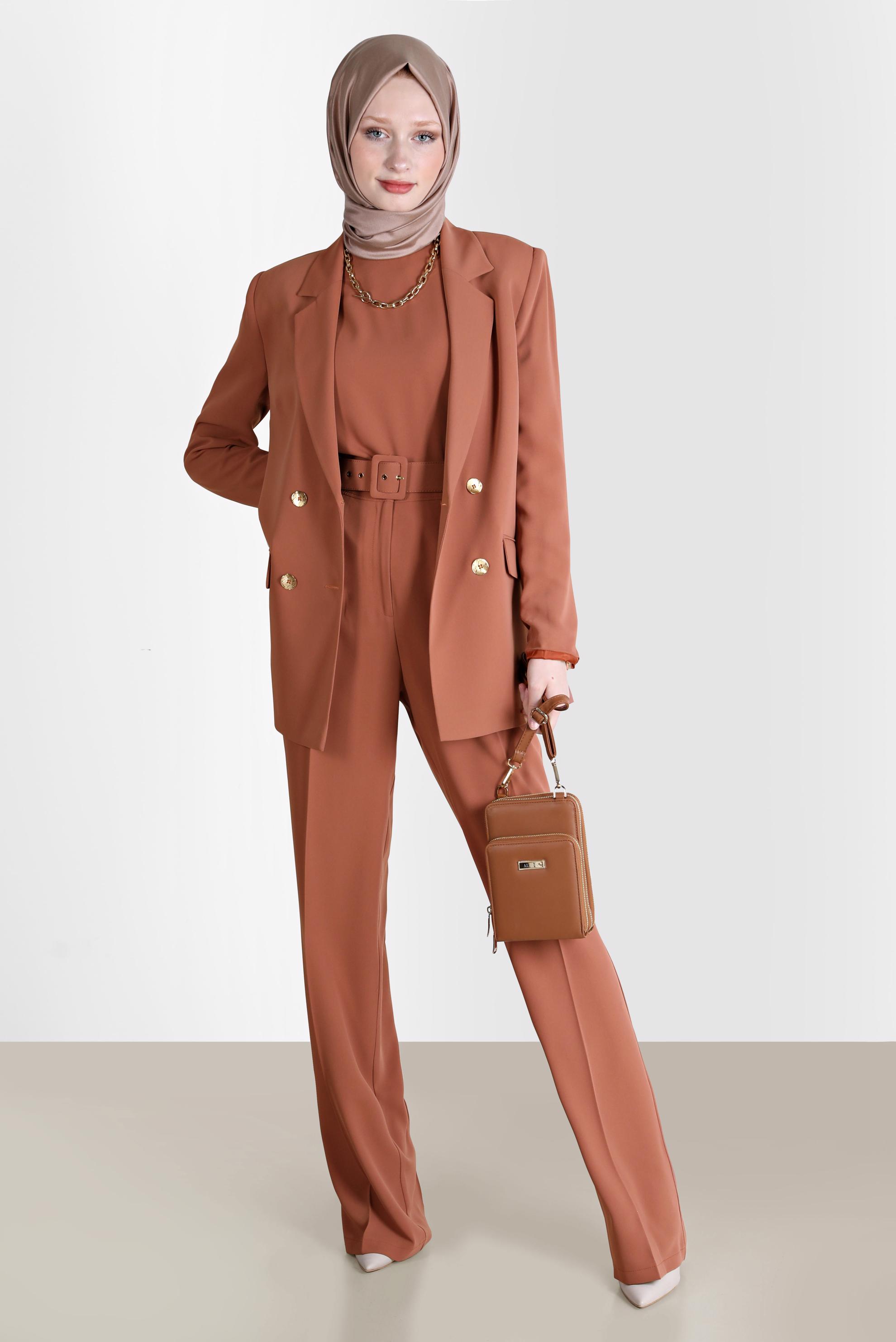 Tesettür giyim TURUNCU KEMERLİ KLASİK ÜÇLÜ PANT. TAKIM 30251 