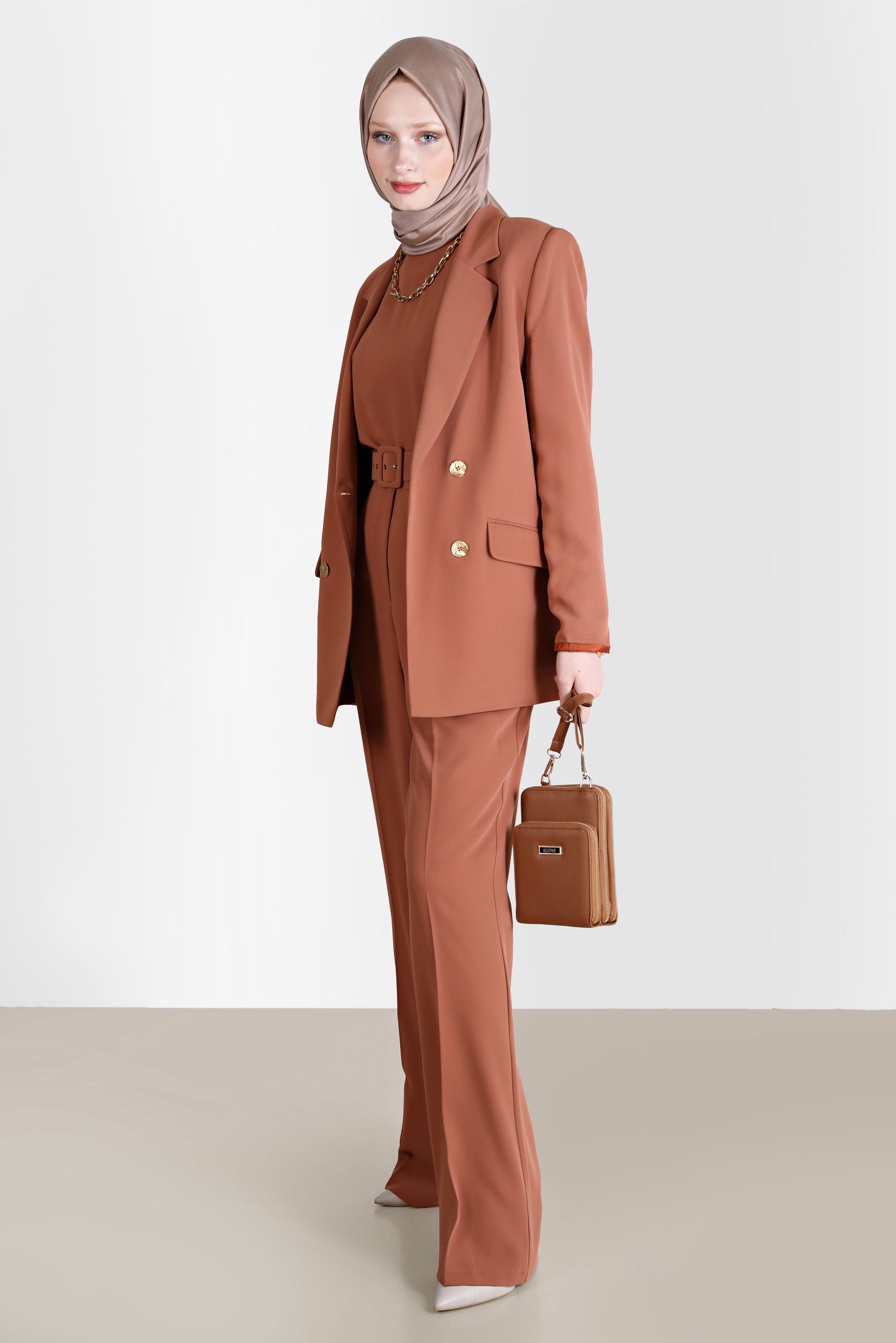 Tesettür giyim TURUNCU KEMERLİ KLASİK ÜÇLÜ PANT. TAKIM 30251 