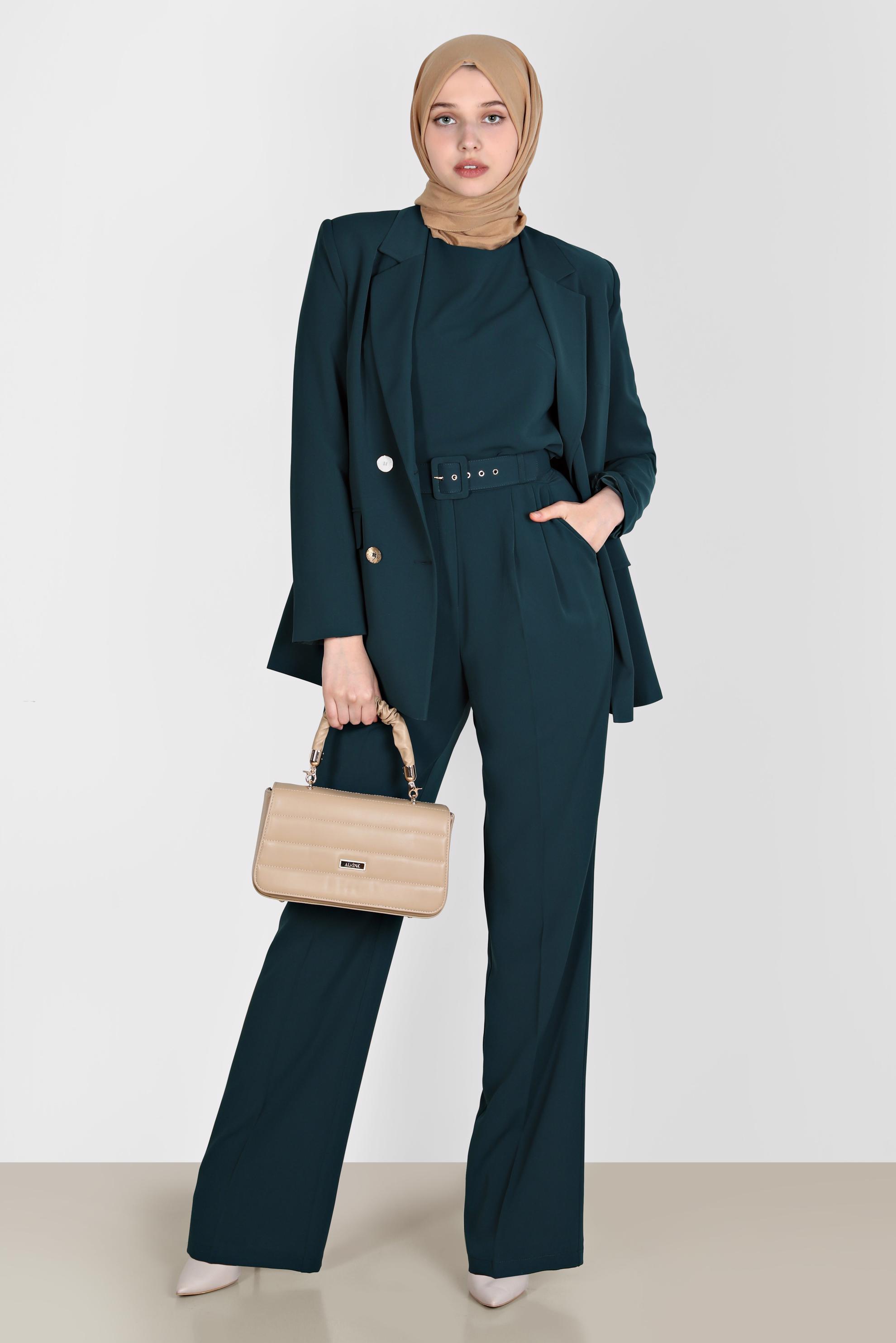 Tesettür giyim YEŞİL KEMERLİ KLASİK ÜÇLÜ PANT. TAKIM 30251 