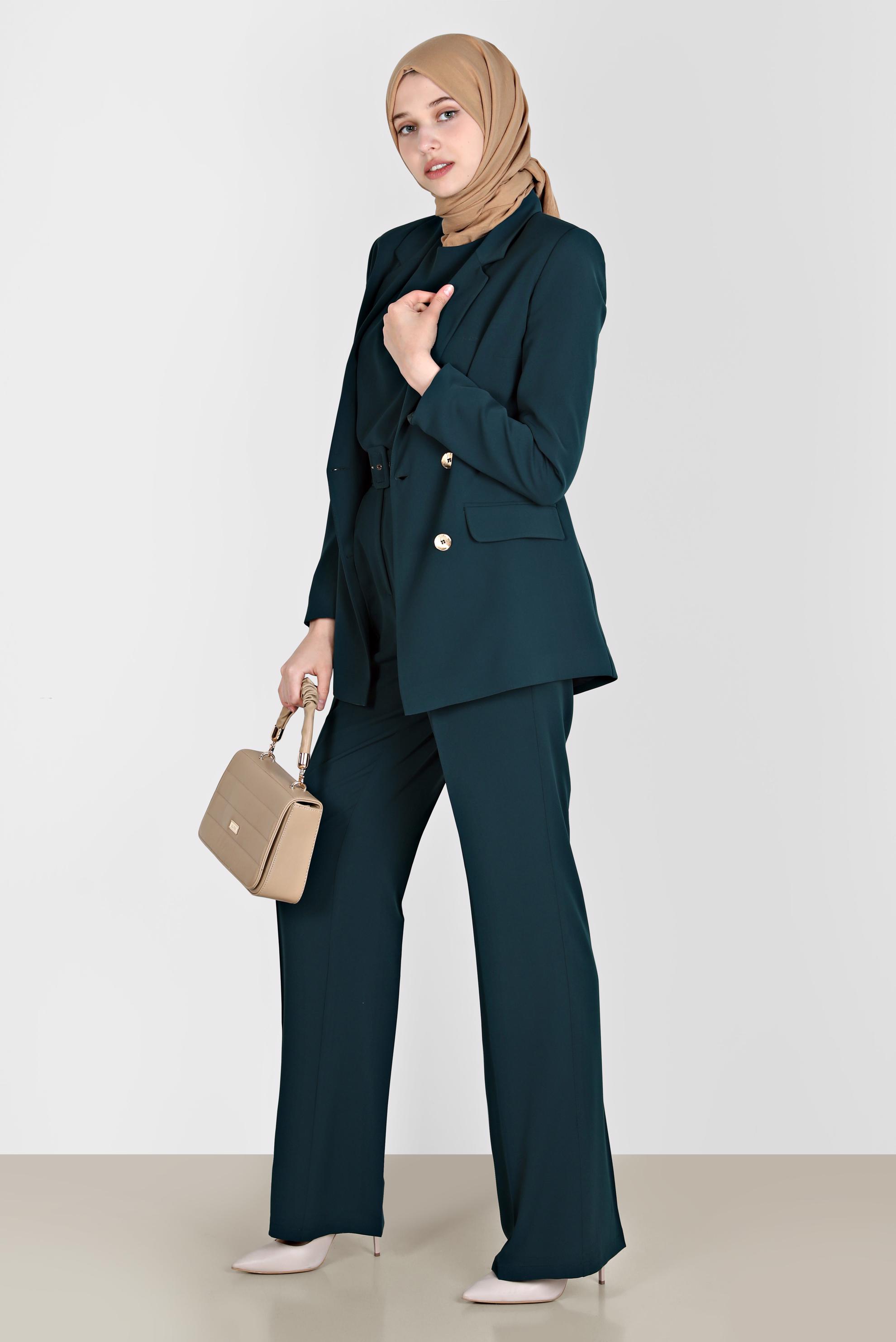 Tesettür giyim YEŞİL KEMERLİ KLASİK ÜÇLÜ PANT. TAKIM 30251 