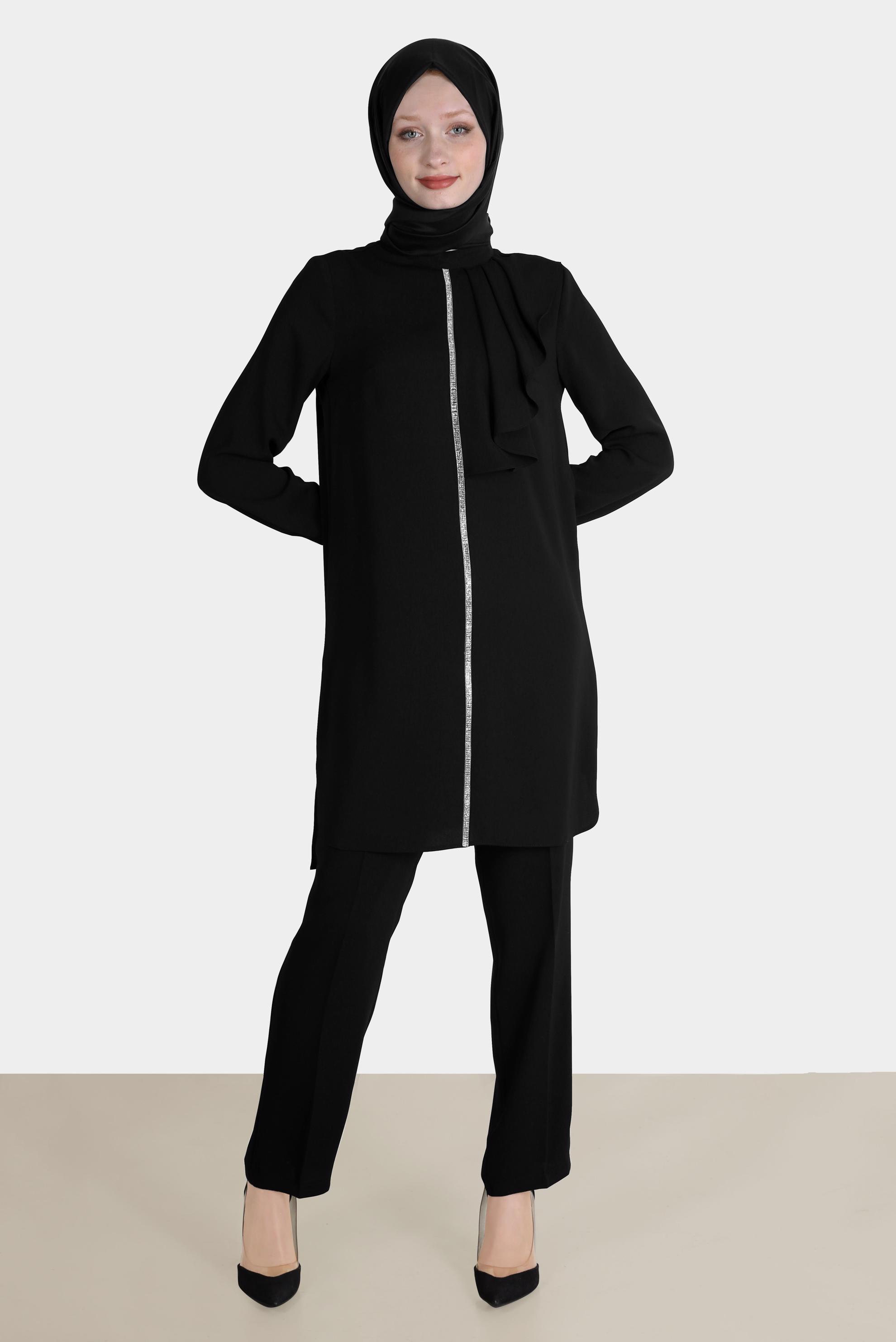 Tesettür giyim SİYAH TAŞ DETAYLI VOLANLI İKİLİ PANT. TAKIM 30253 