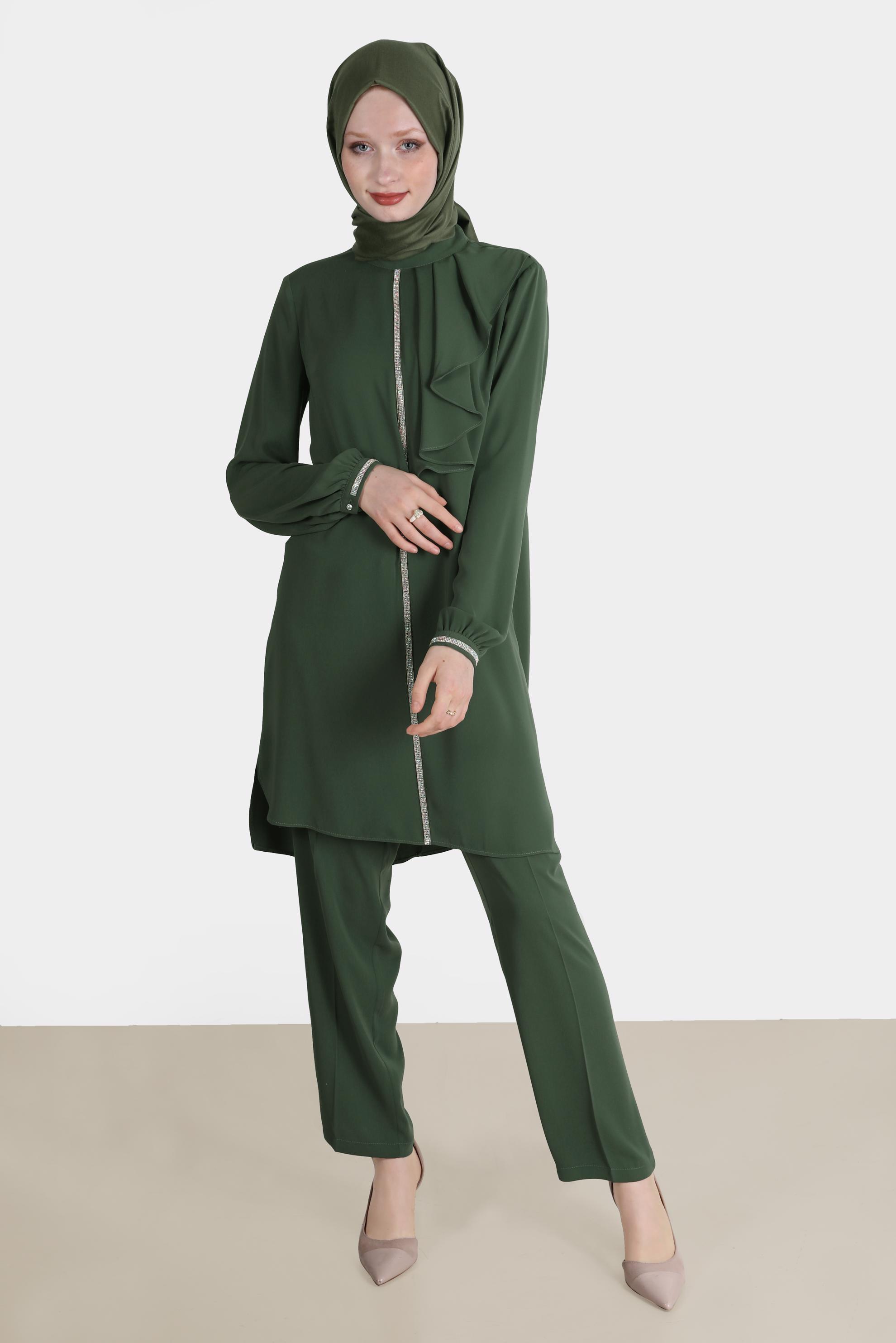 Tesettür giyim HAKİ TAŞ DETAYLI VOLANLI İKİLİ PANT. TAKIM 30253 