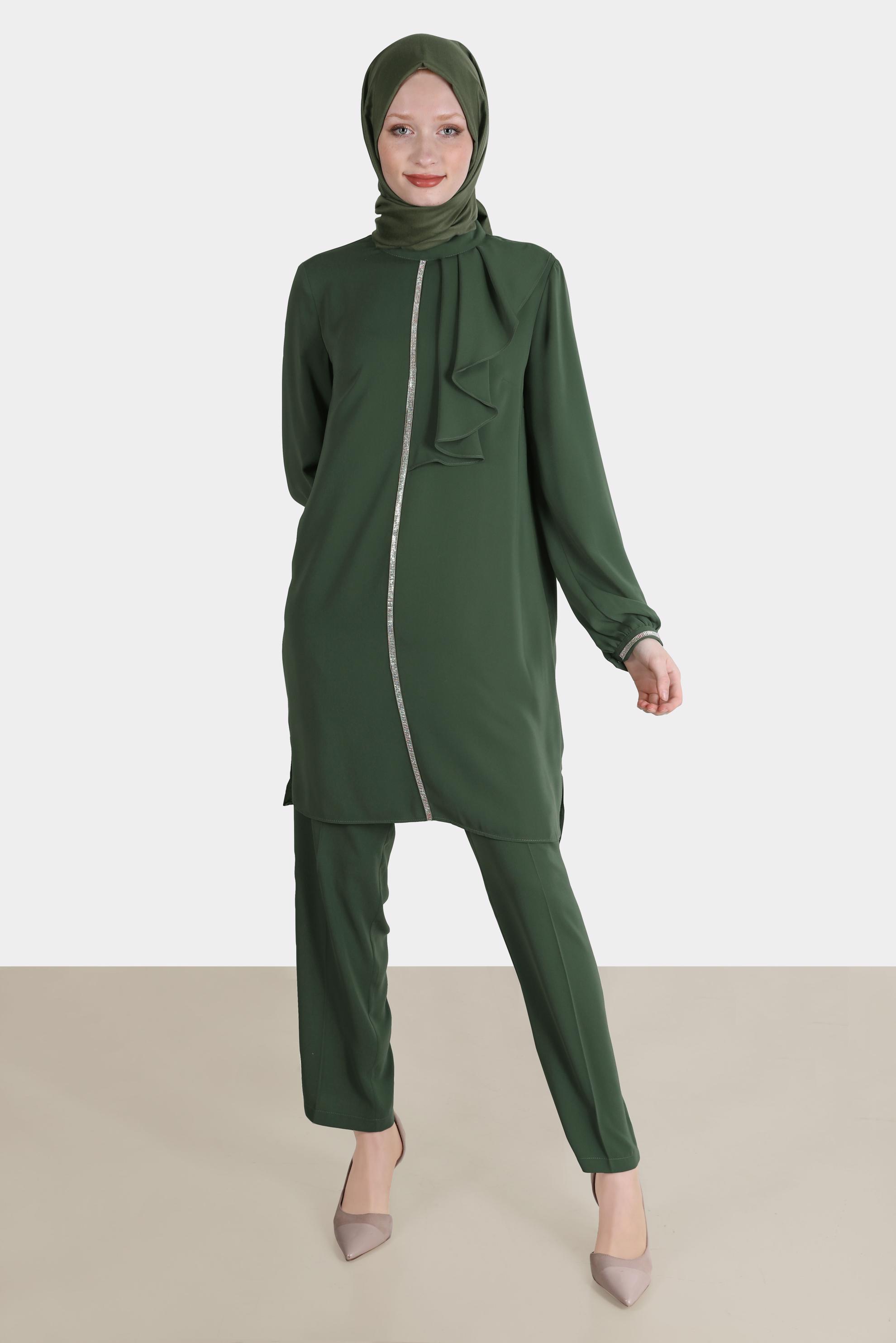 Tesettür giyim HAKİ TAŞ DETAYLI VOLANLI İKİLİ PANT. TAKIM 30253 