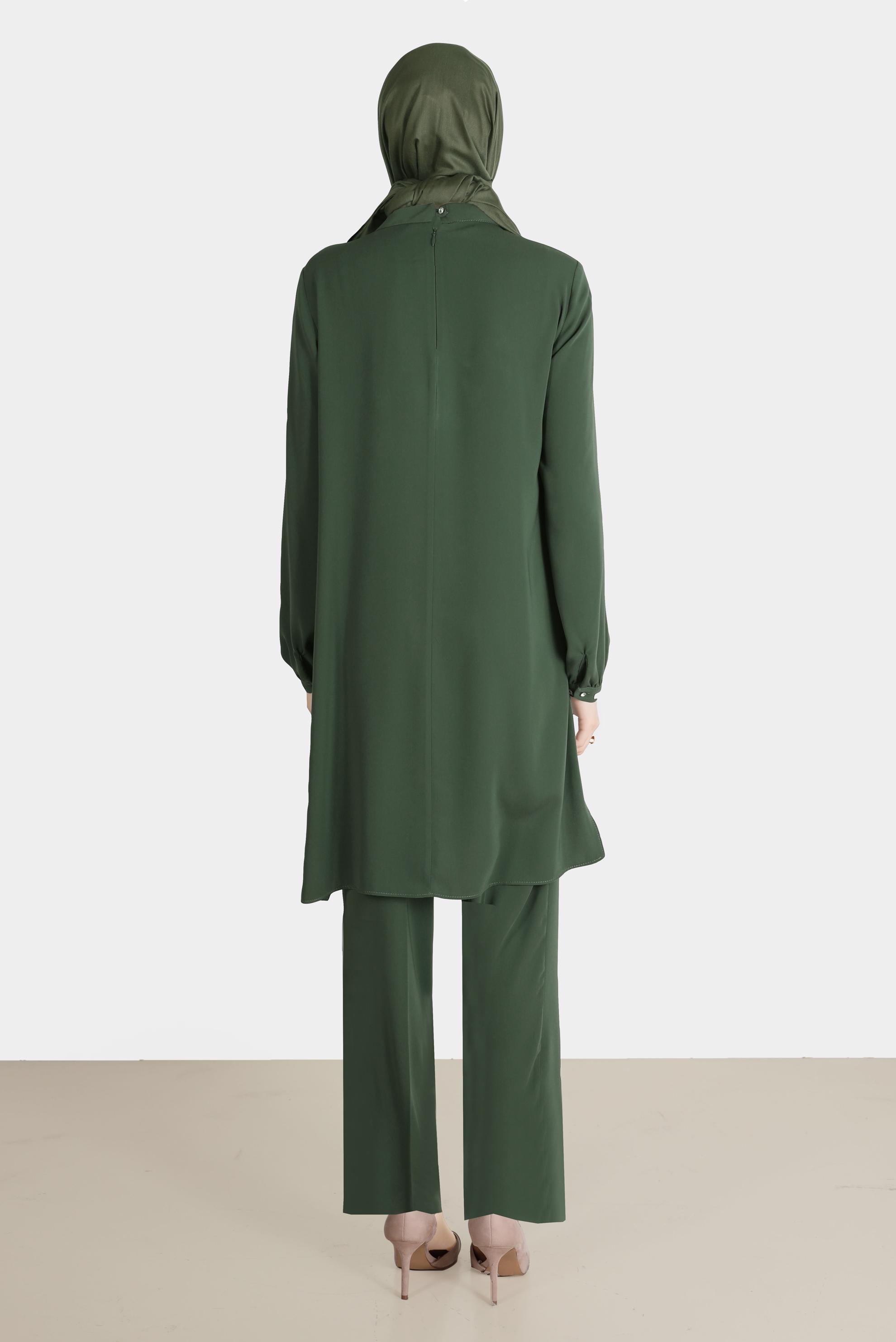 Tesettür giyim HAKİ TAŞ DETAYLI VOLANLI İKİLİ PANT. TAKIM 30253 