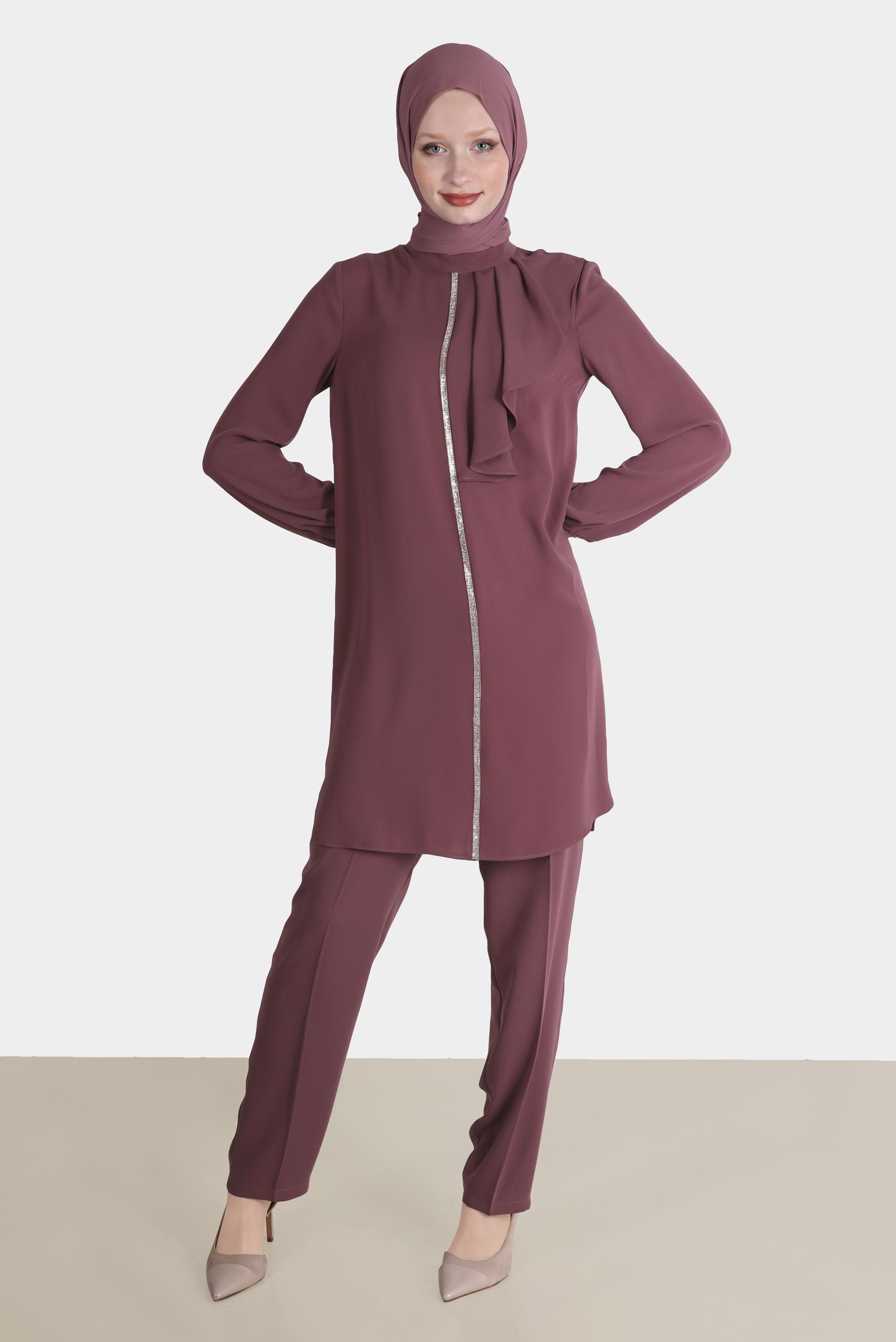 Tesettür giyim PEMBE TAŞ DETAYLI VOLANLI İKİLİ PANT. TAKIM 30253 