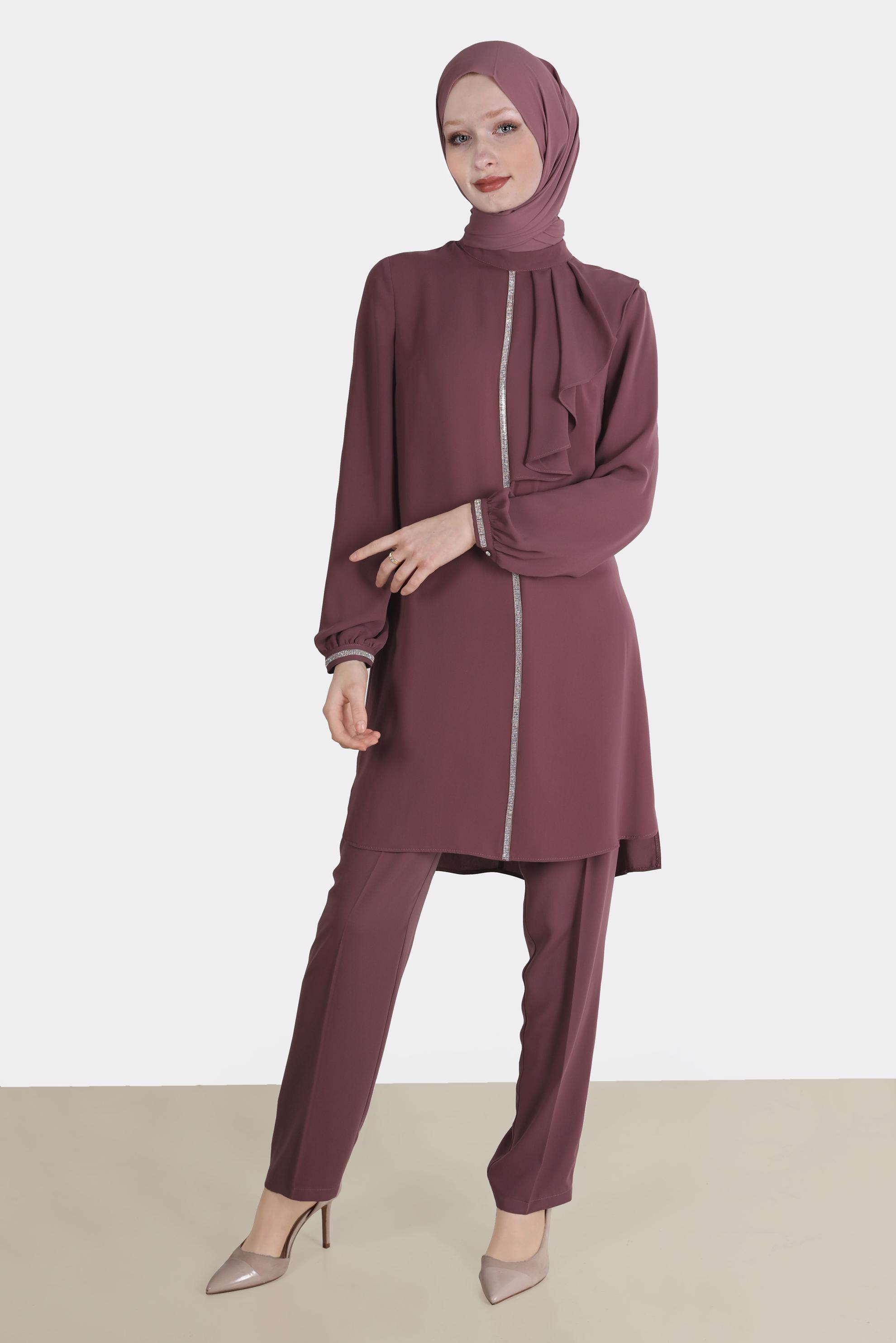 Tesettür giyim PEMBE TAŞ DETAYLI VOLANLI İKİLİ PANT. TAKIM 30253 