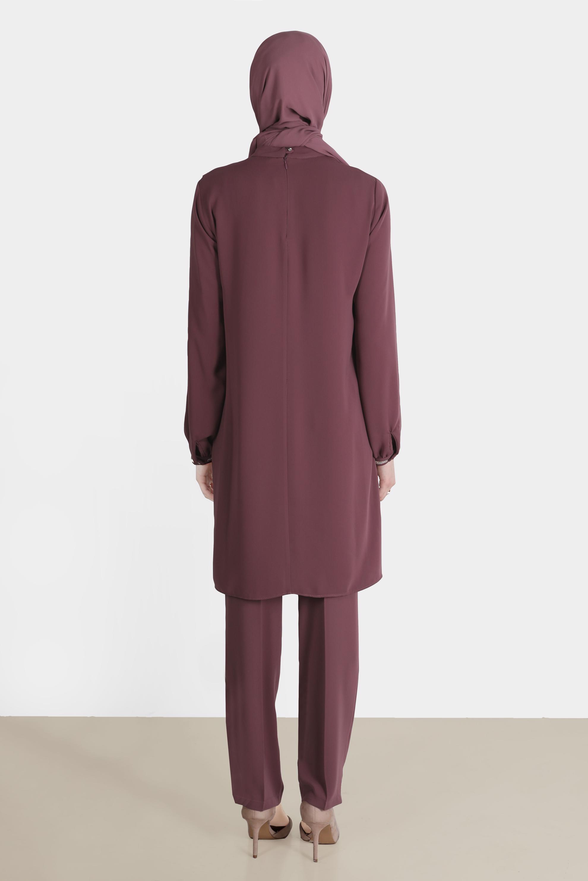 Tesettür giyim PEMBE TAŞ DETAYLI VOLANLI İKİLİ PANT. TAKIM 30253 