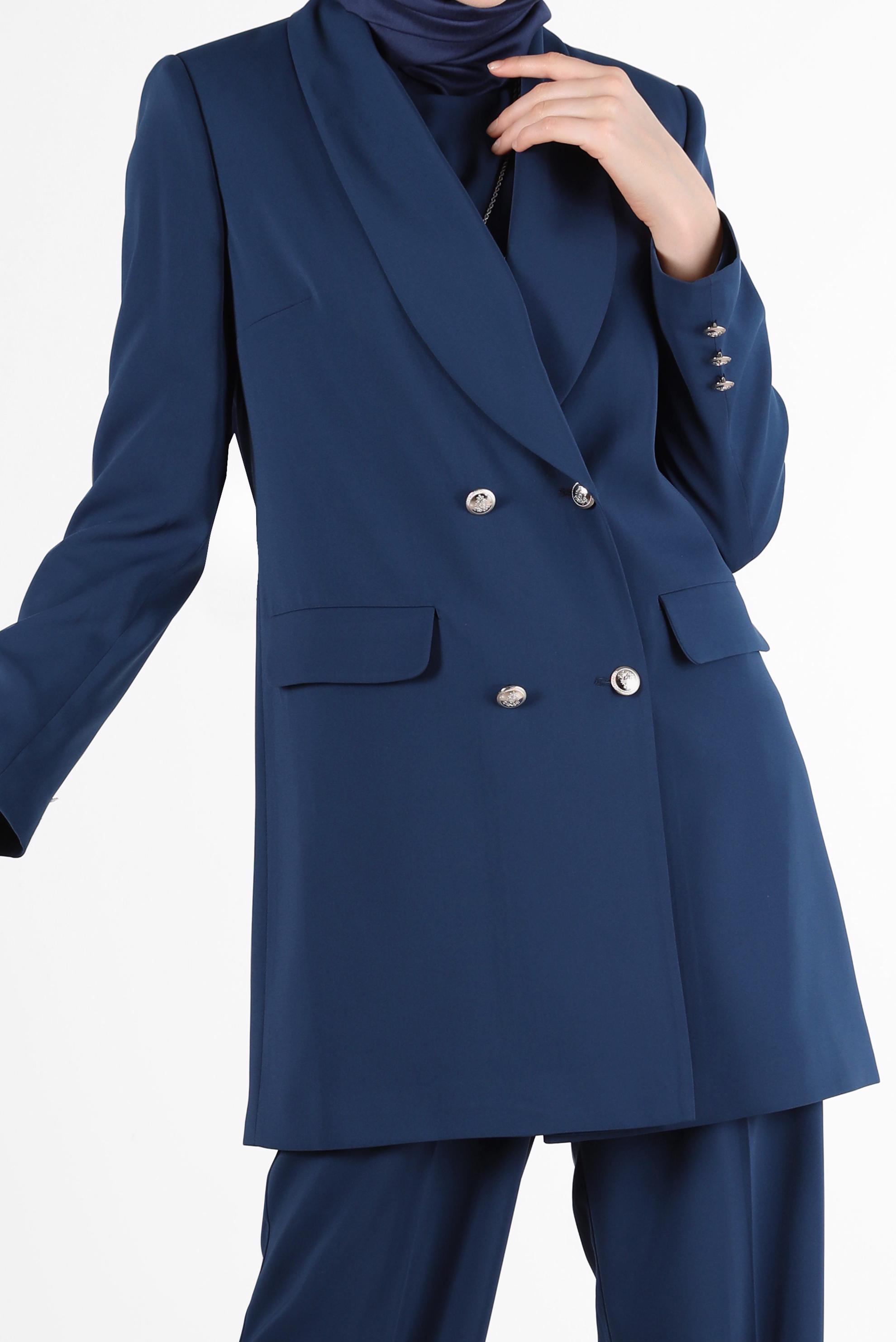 Tesettür giyim LACİVERT KRUVAZE YAKA DÜĞME DETAYLI ÜÇLÜ PANT. TAKIM 30255 
