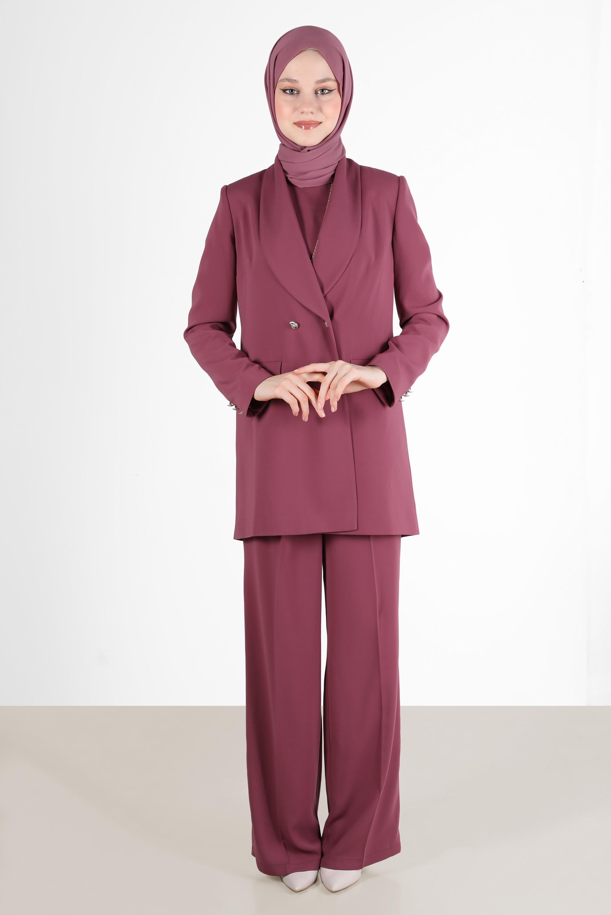 Tesettür giyim PEMBE KRUVAZE YAKA DÜĞME DETAYLI ÜÇLÜ PANT. TAKIM 30255 