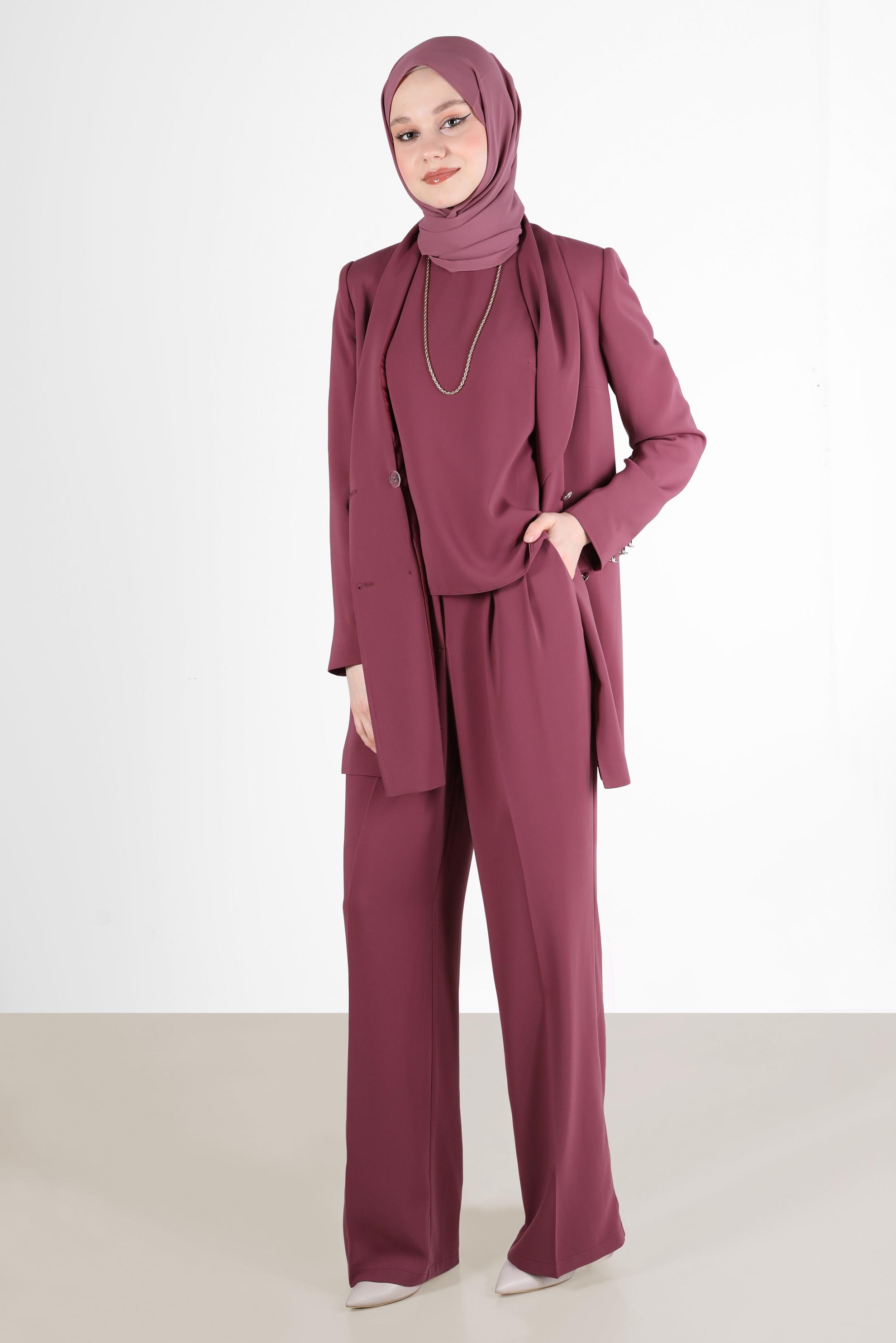 Tesettür giyim PEMBE KRUVAZE YAKA DÜĞME DETAYLI ÜÇLÜ PANT. TAKIM 30255 