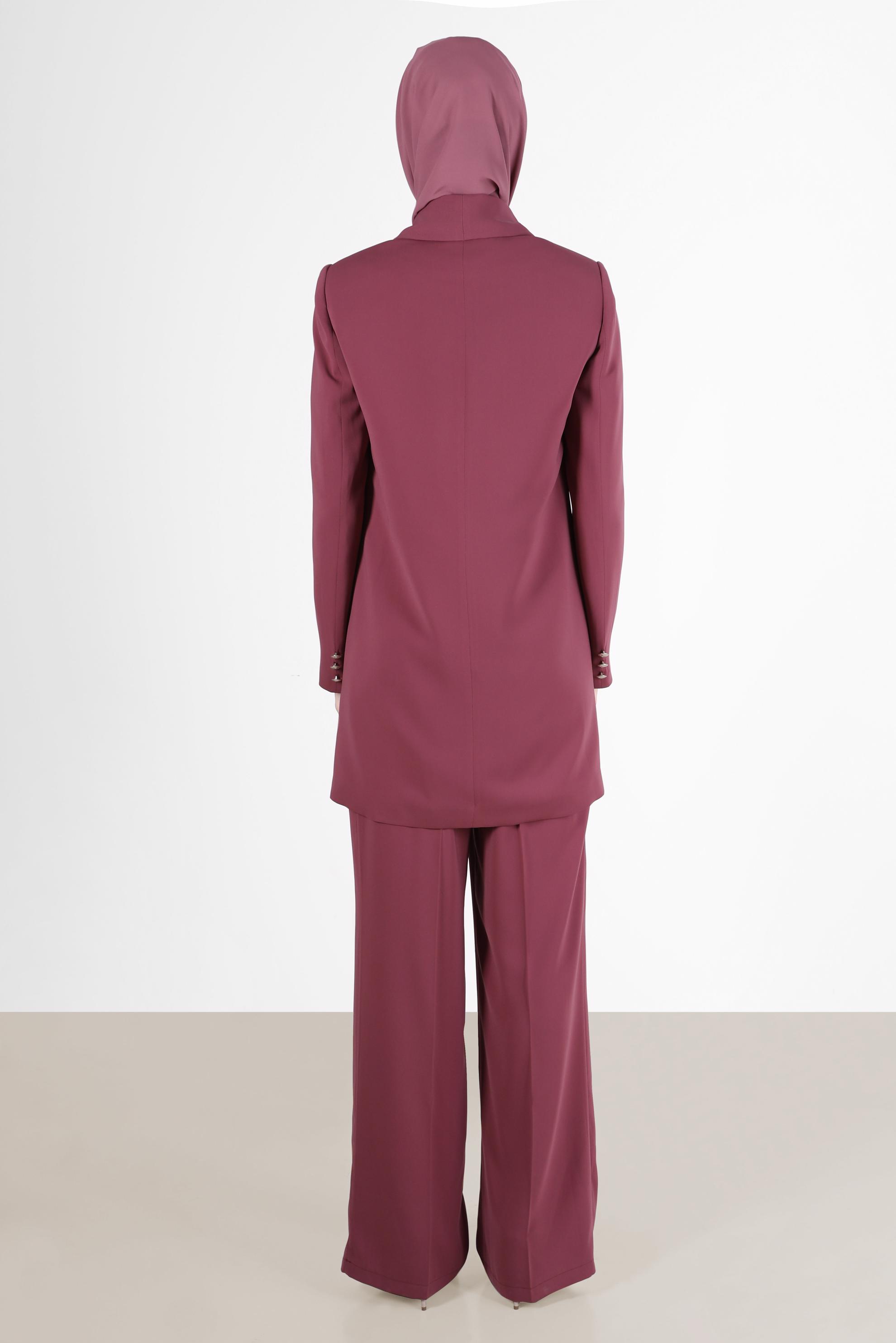Tesettür giyim PEMBE KRUVAZE YAKA DÜĞME DETAYLI ÜÇLÜ PANT. TAKIM 30255 