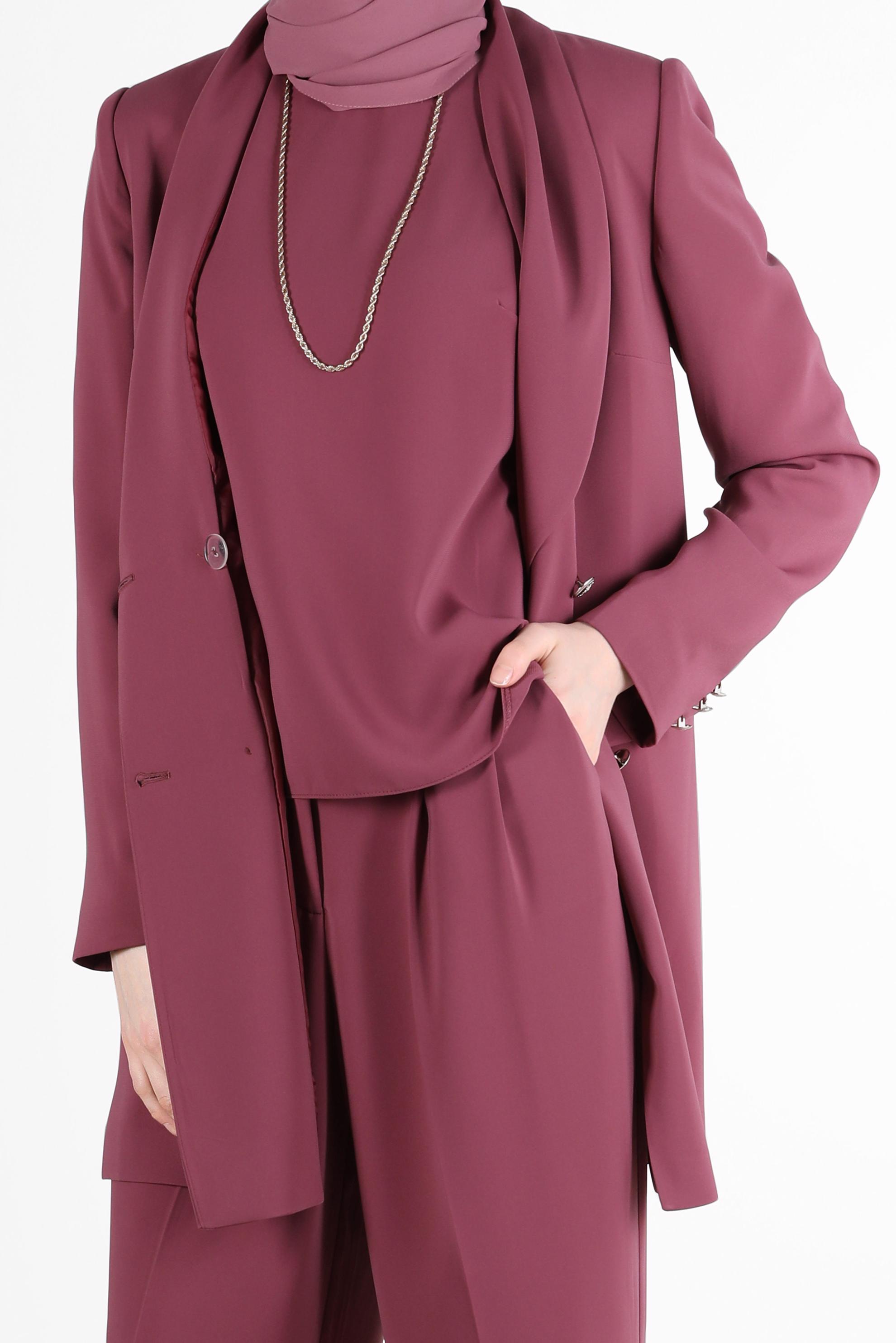 Tesettür giyim PEMBE KRUVAZE YAKA DÜĞME DETAYLI ÜÇLÜ PANT. TAKIM 30255 