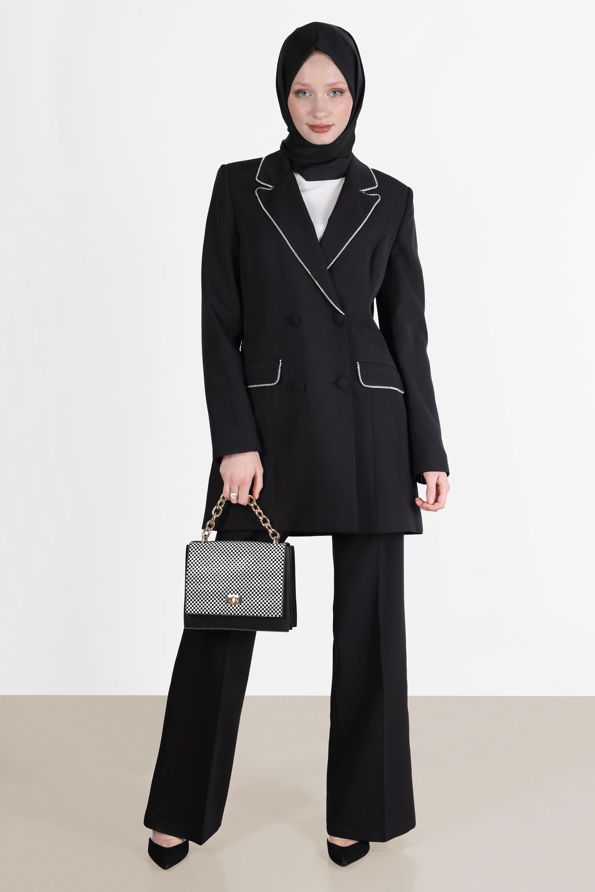 Tesettür giyim SİYAH KRUVAZE YAKA KLASİK İKİLİ PANT. TAKIM 30257	