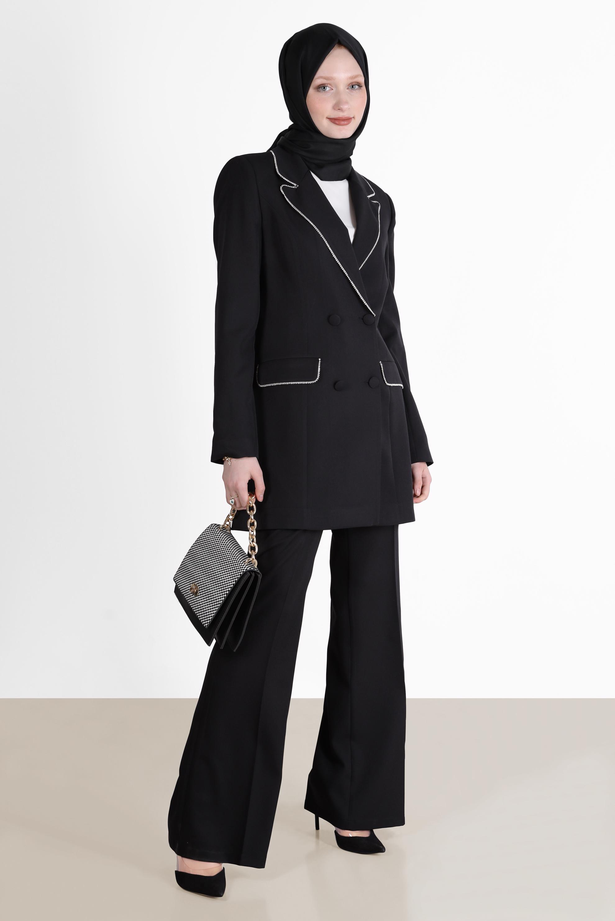 Tesettür giyim SİYAH KRUVAZE YAKA KLASİK İKİLİ PANT. TAKIM 30257	