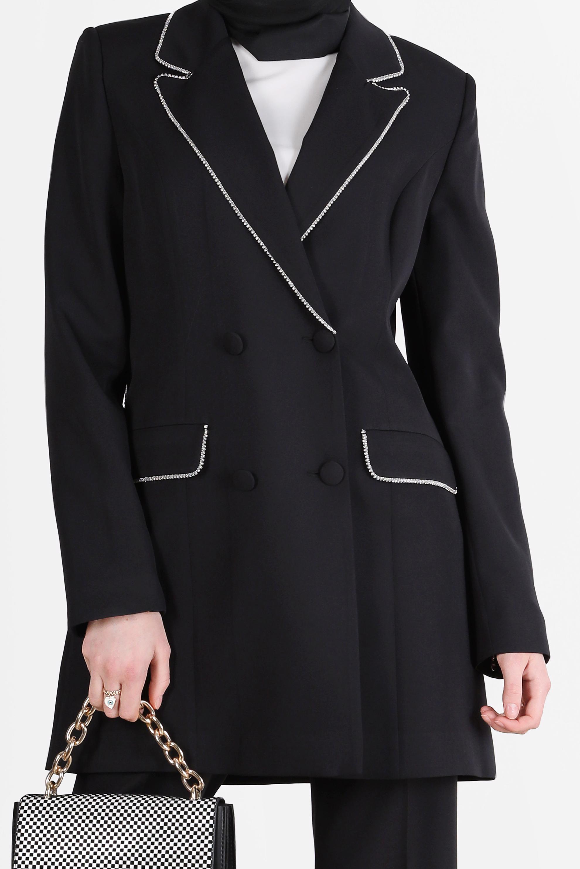 Tesettür giyim SİYAH KRUVAZE YAKA KLASİK İKİLİ PANT. TAKIM 30257	