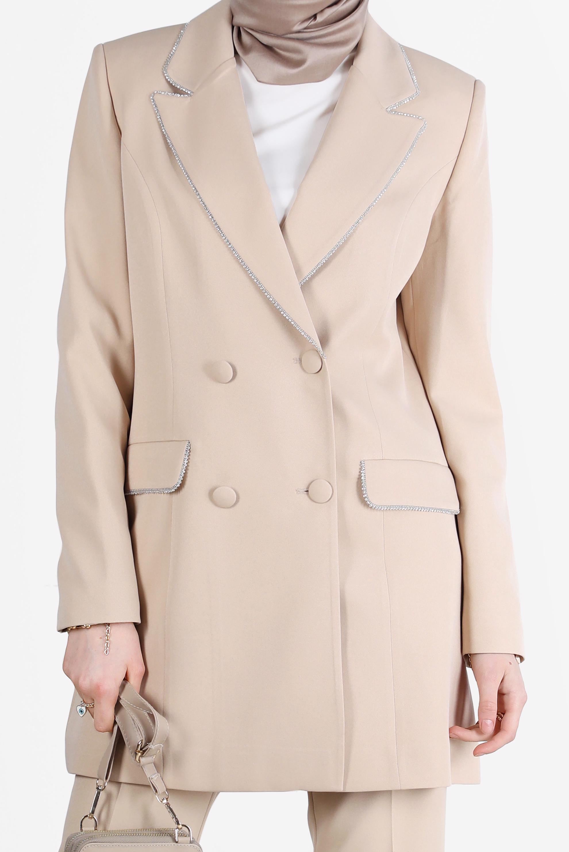 Tesettür giyim BEJ KRUVAZE YAKA KLASİK İKİLİ PANT. TAKIM 30257	