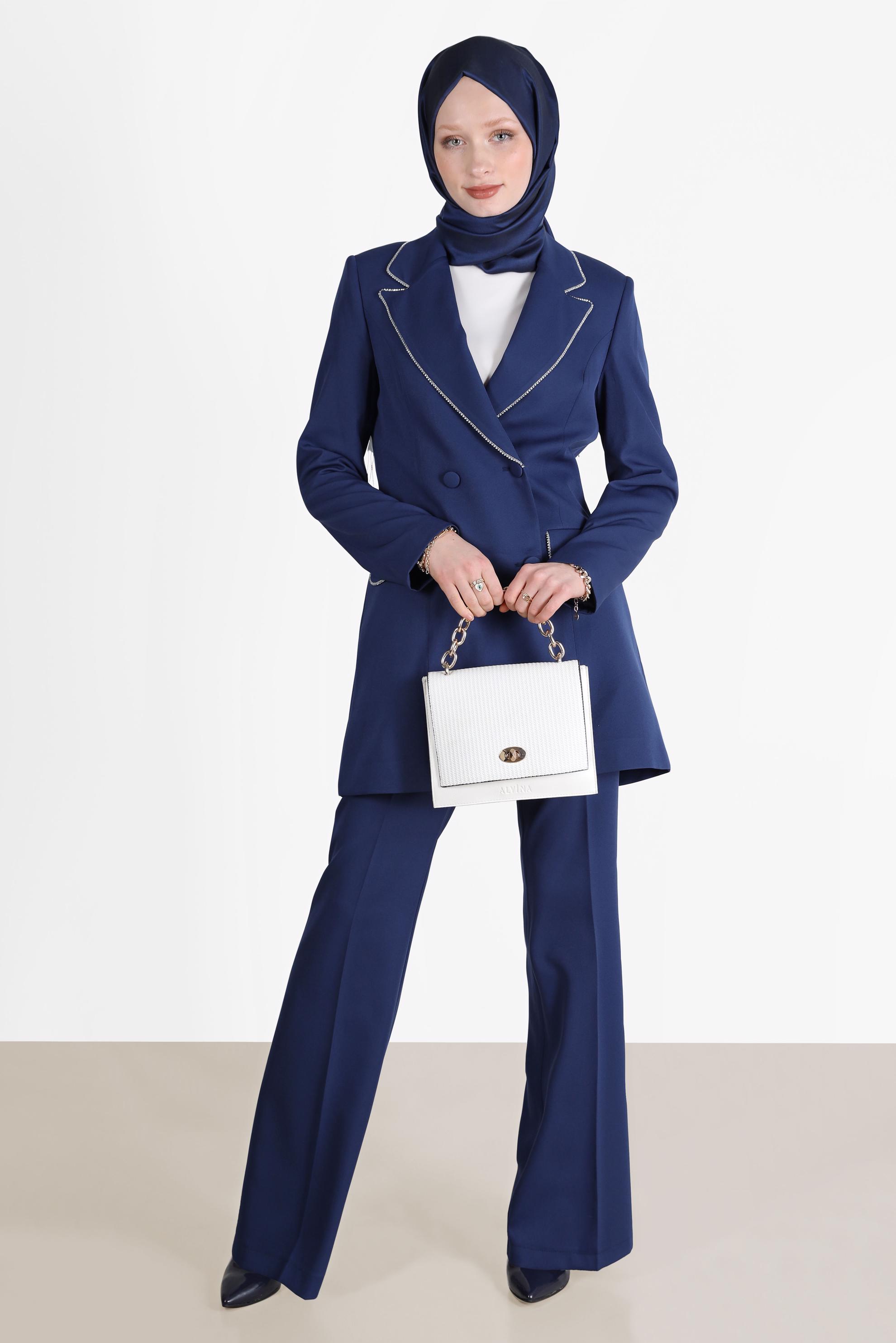 Tesettür giyim LACİVERT KRUVAZE YAKA KLASİK İKİLİ PANT. TAKIM 30257	