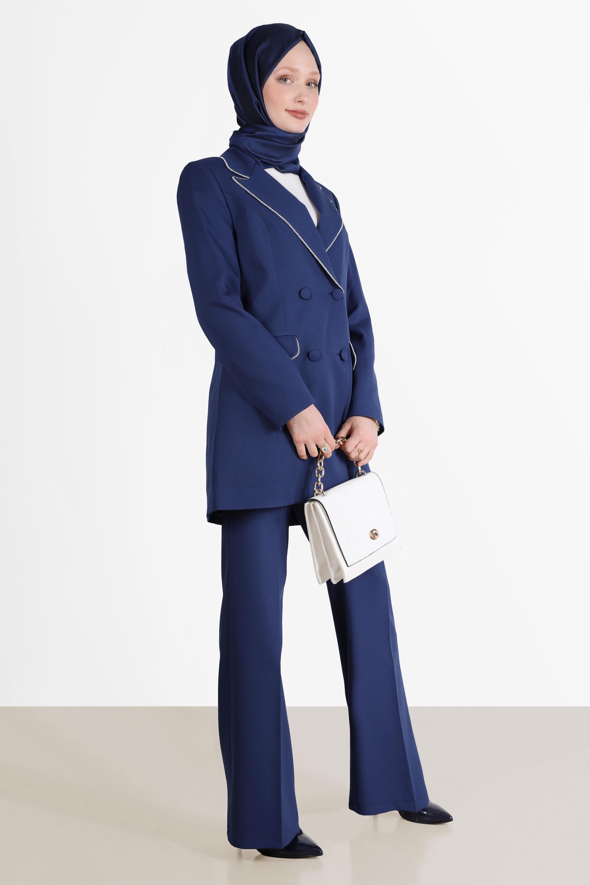 Tesettür giyim LACİVERT KRUVAZE YAKA KLASİK İKİLİ PANT. TAKIM 30257	