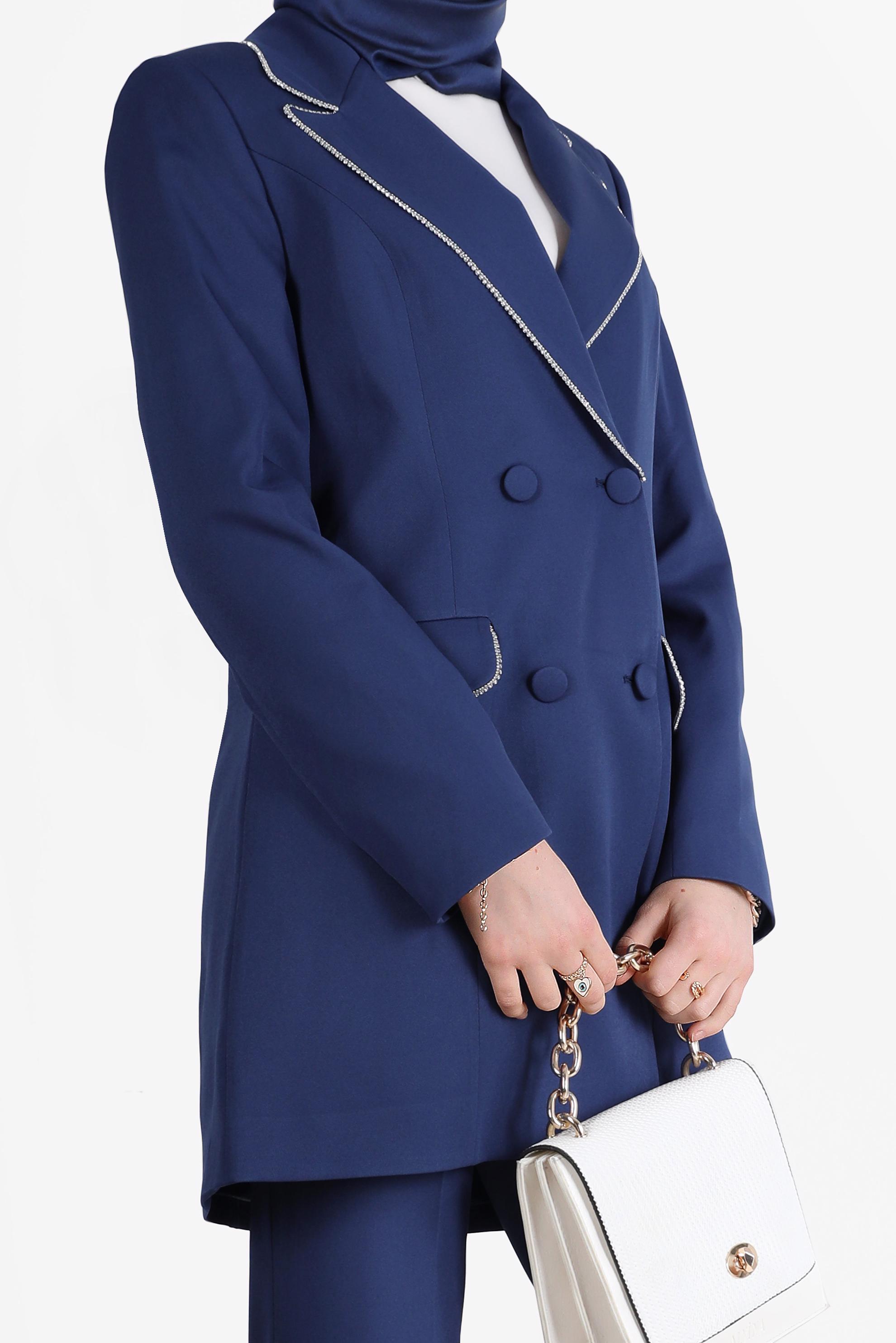 Tesettür giyim LACİVERT KRUVAZE YAKA KLASİK İKİLİ PANT. TAKIM 30257	