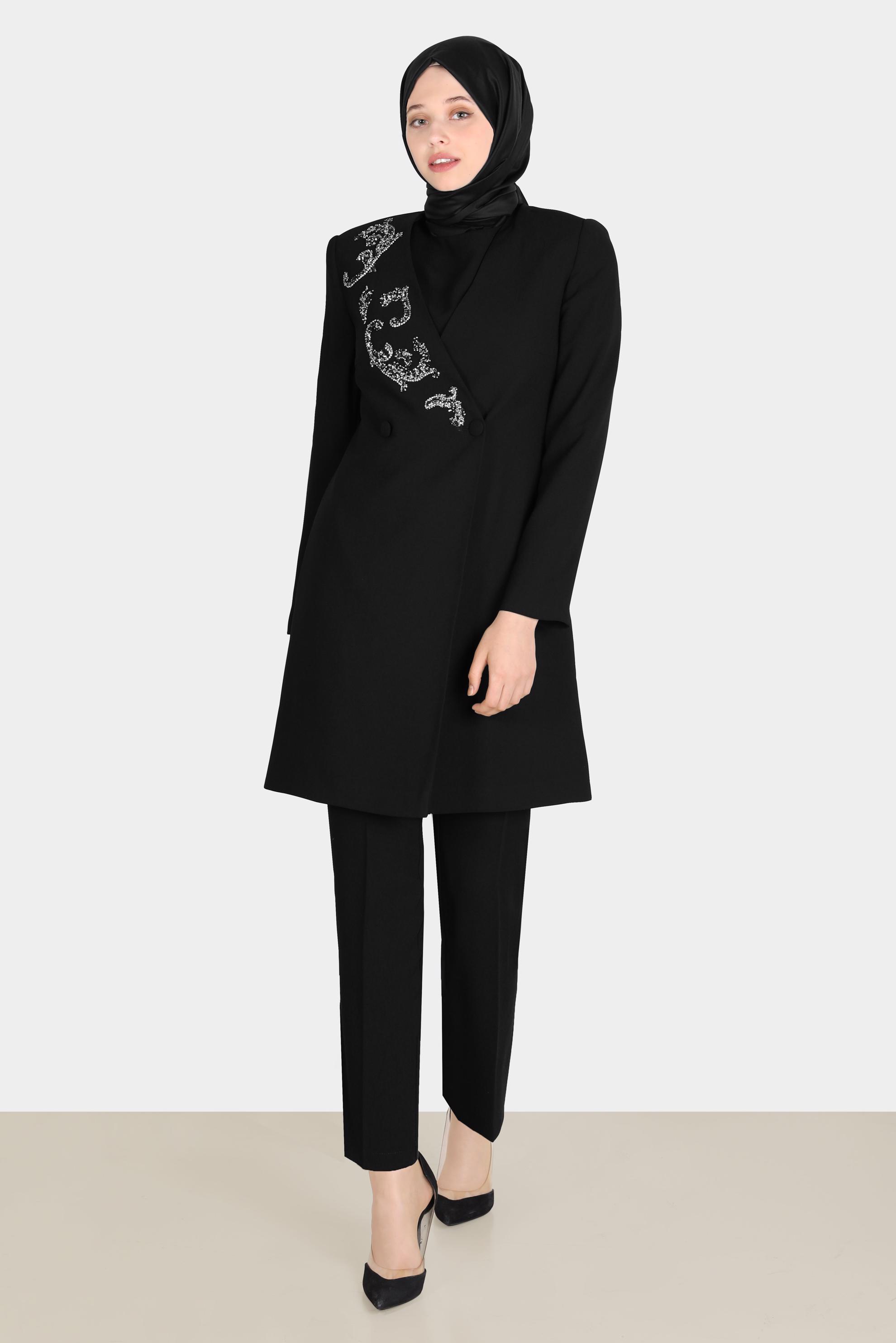 Tesettür giyim SİYAH TAŞLI NAKIŞLI ÜÇLÜ PANT. TAKIM 30258 