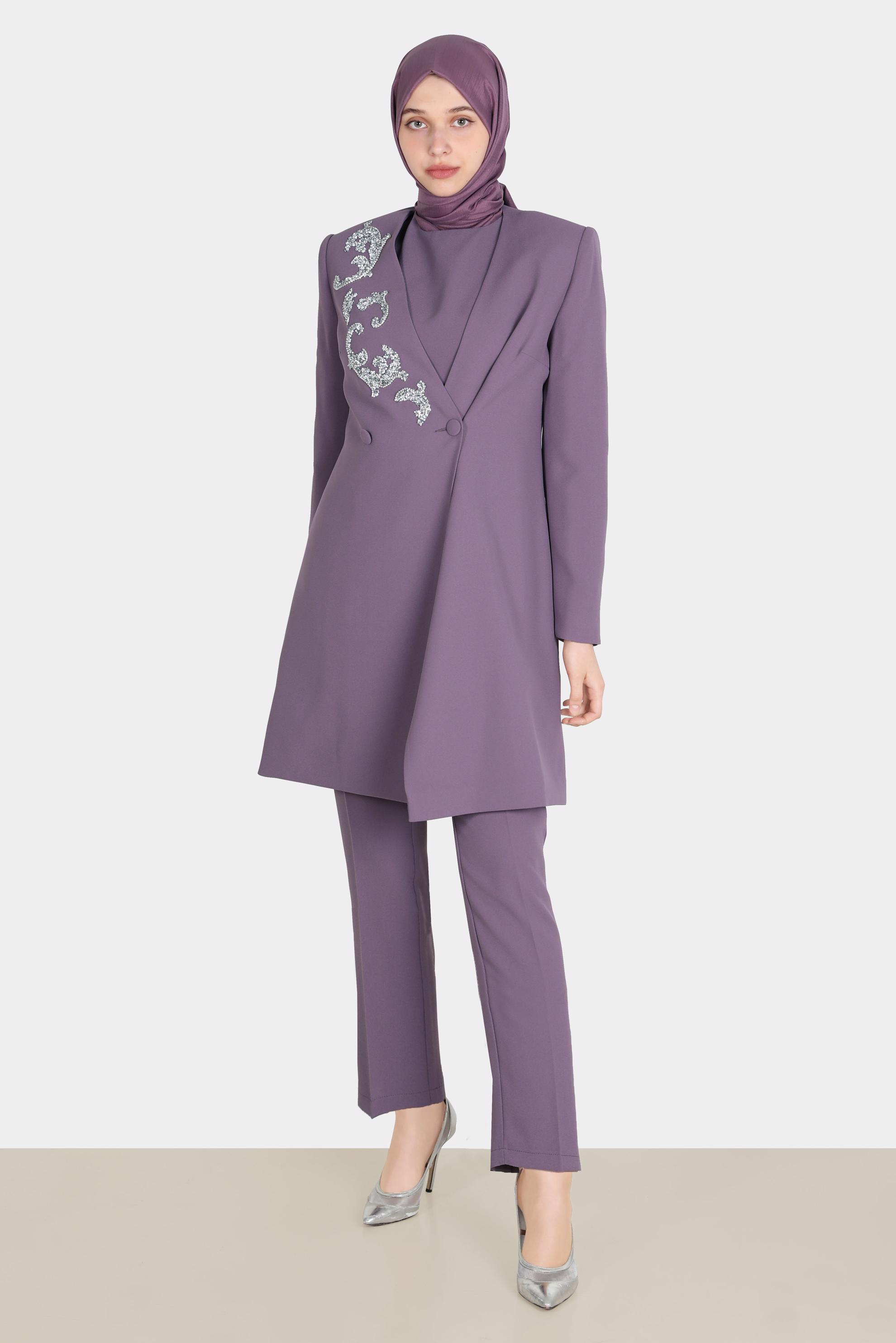 Tesettür giyim MOR TAŞLI NAKIŞLI ÜÇLÜ PANT. TAKIM 30258 