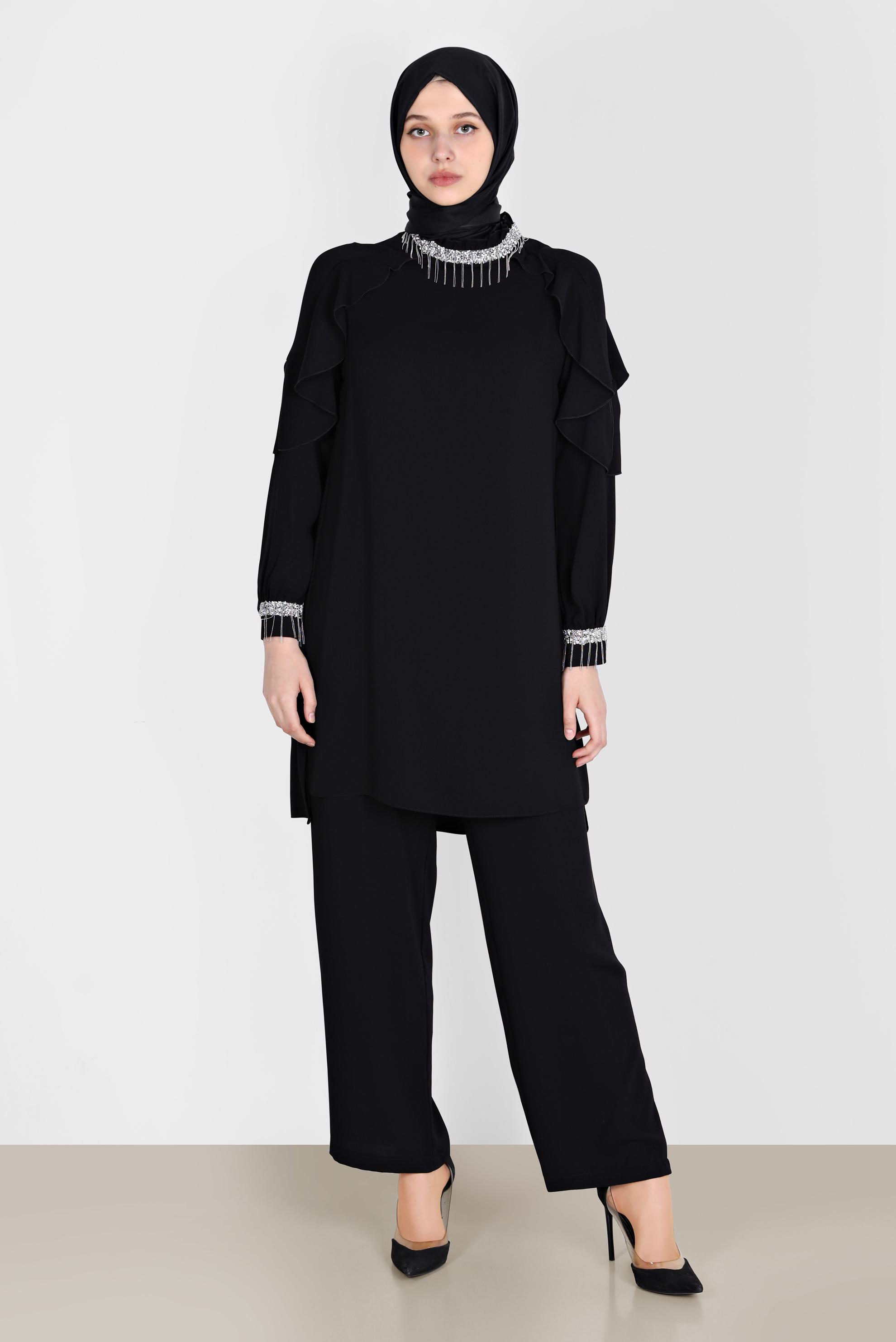 Tesettür giyim SİYAH PÜSKÜL DETAYLI VOLANLI İKİLİ PANT. TAKIM 30259 