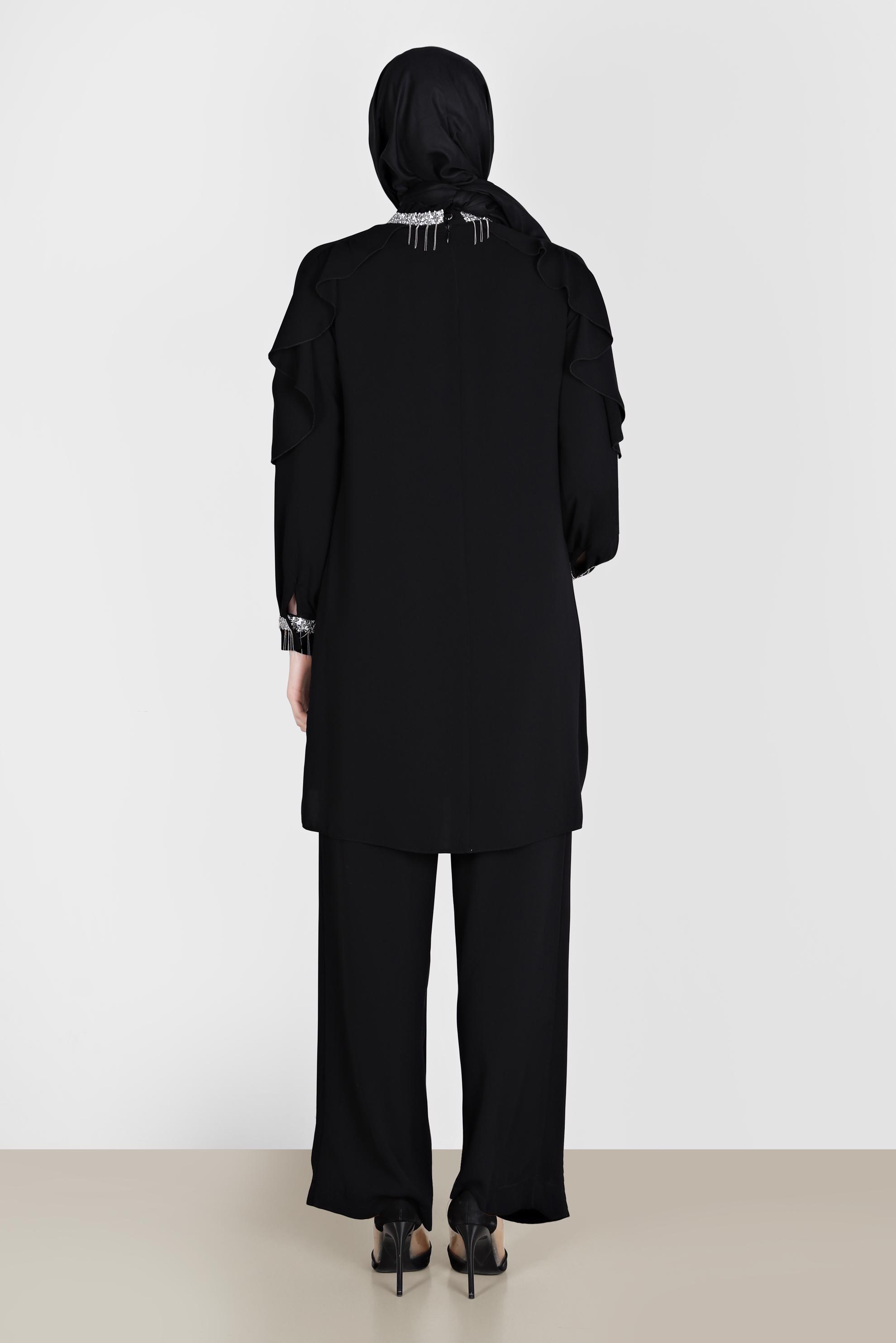 Tesettür giyim SİYAH PÜSKÜL DETAYLI VOLANLI İKİLİ PANT. TAKIM 30259 