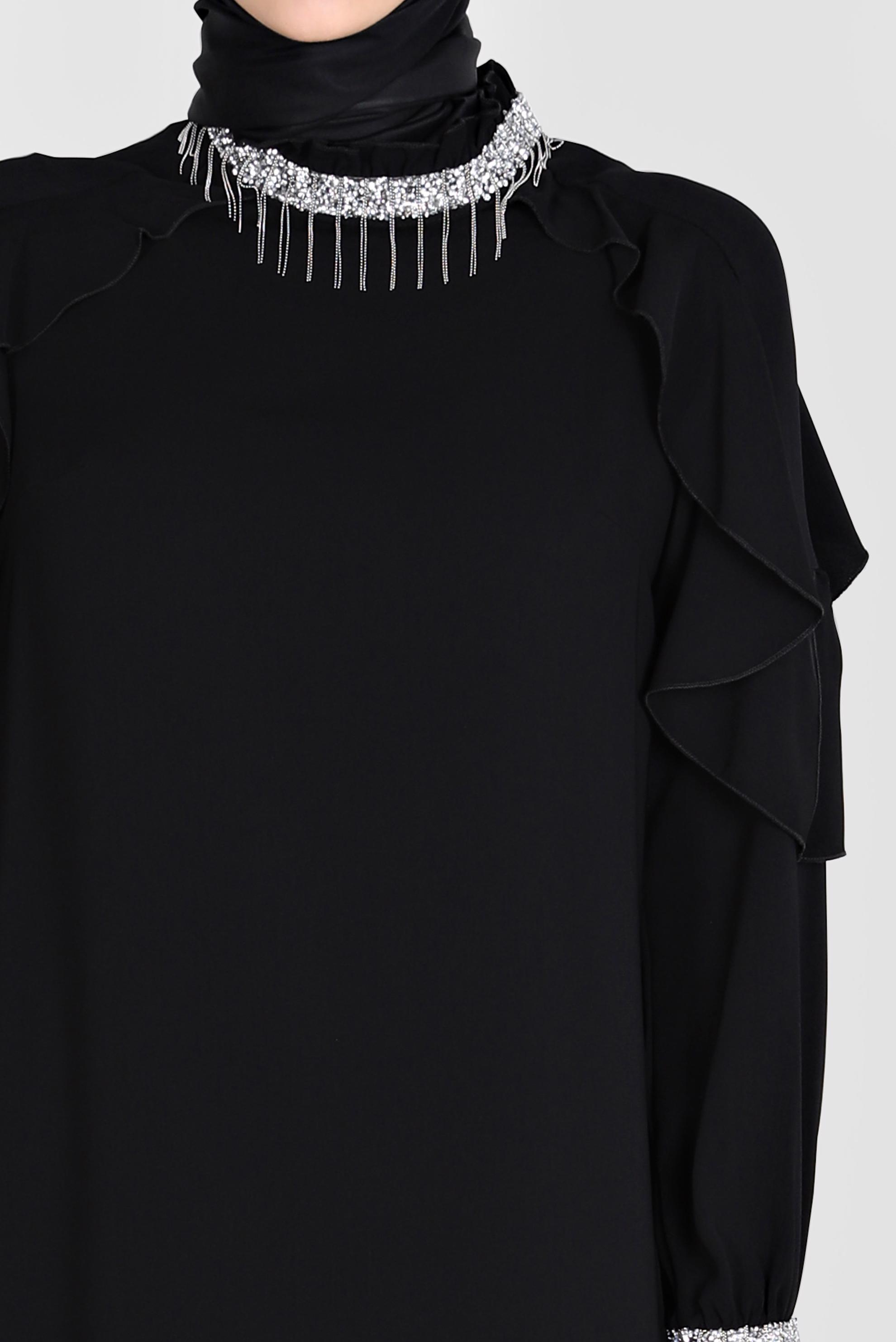 Tesettür giyim SİYAH PÜSKÜL DETAYLI VOLANLI İKİLİ PANT. TAKIM 30259 