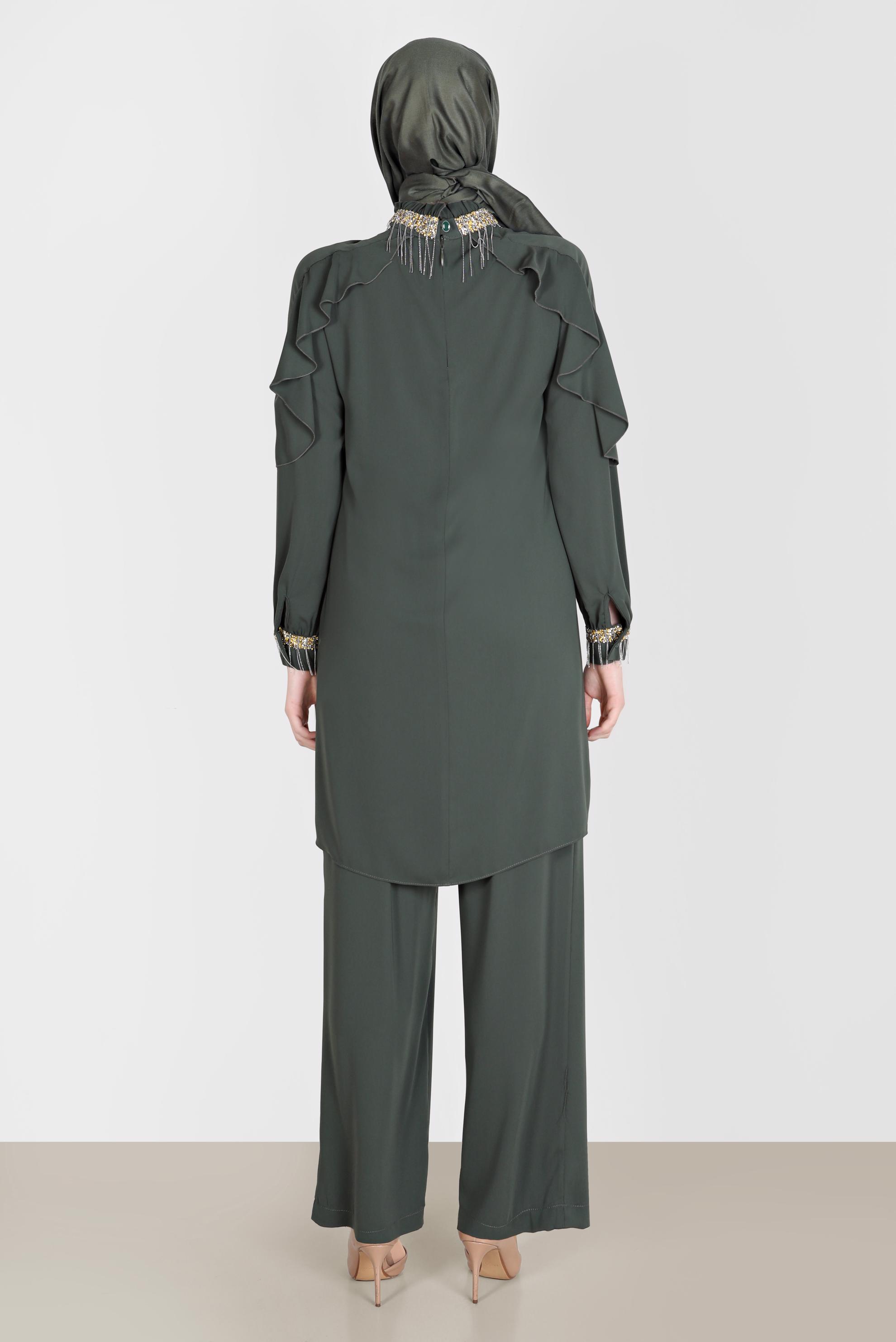 Tesettür giyim HAKİ PÜSKÜL DETAYLI VOLANLI İKİLİ PANT. TAKIM 30259 