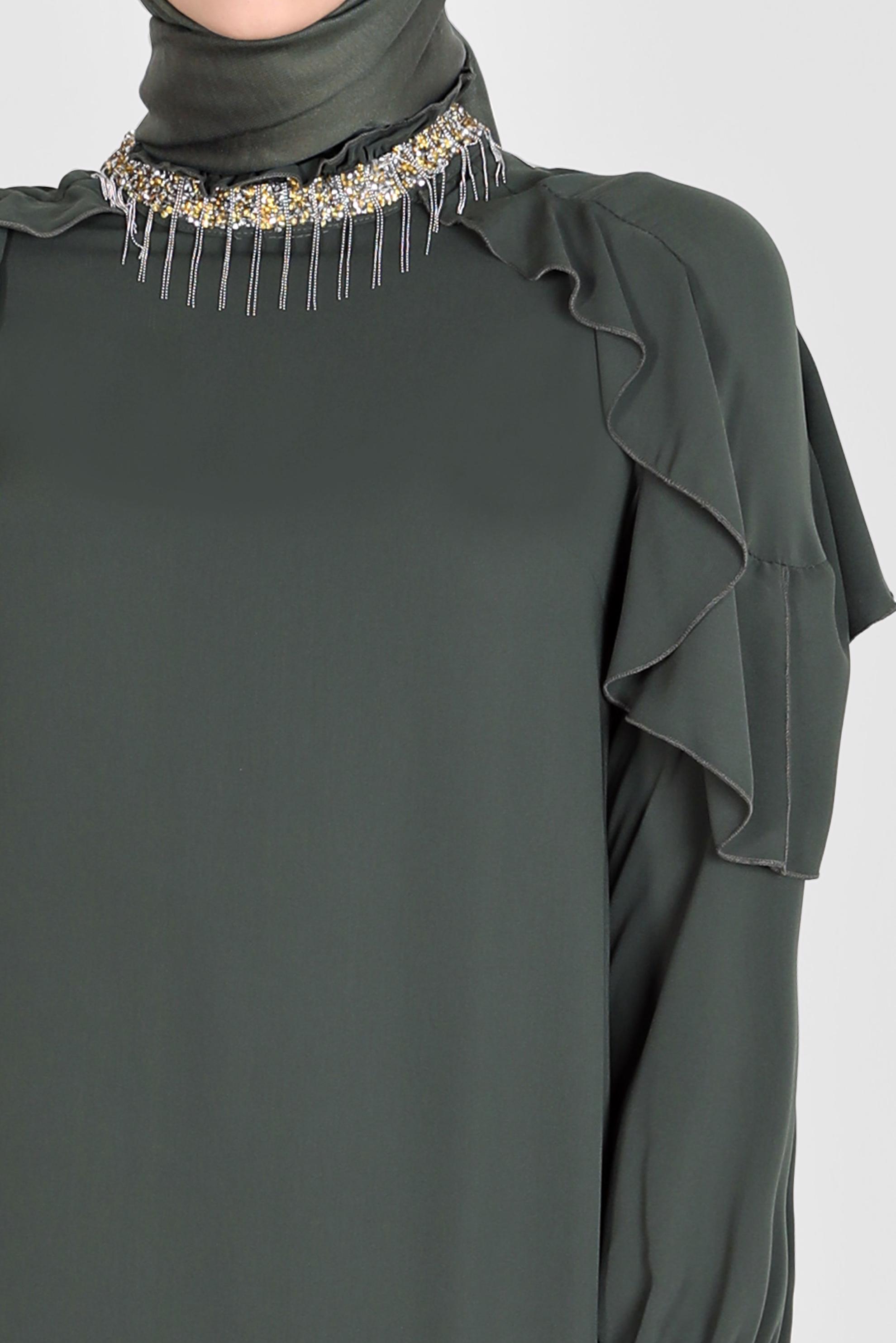 Tesettür giyim HAKİ PÜSKÜL DETAYLI VOLANLI İKİLİ PANT. TAKIM 30259 