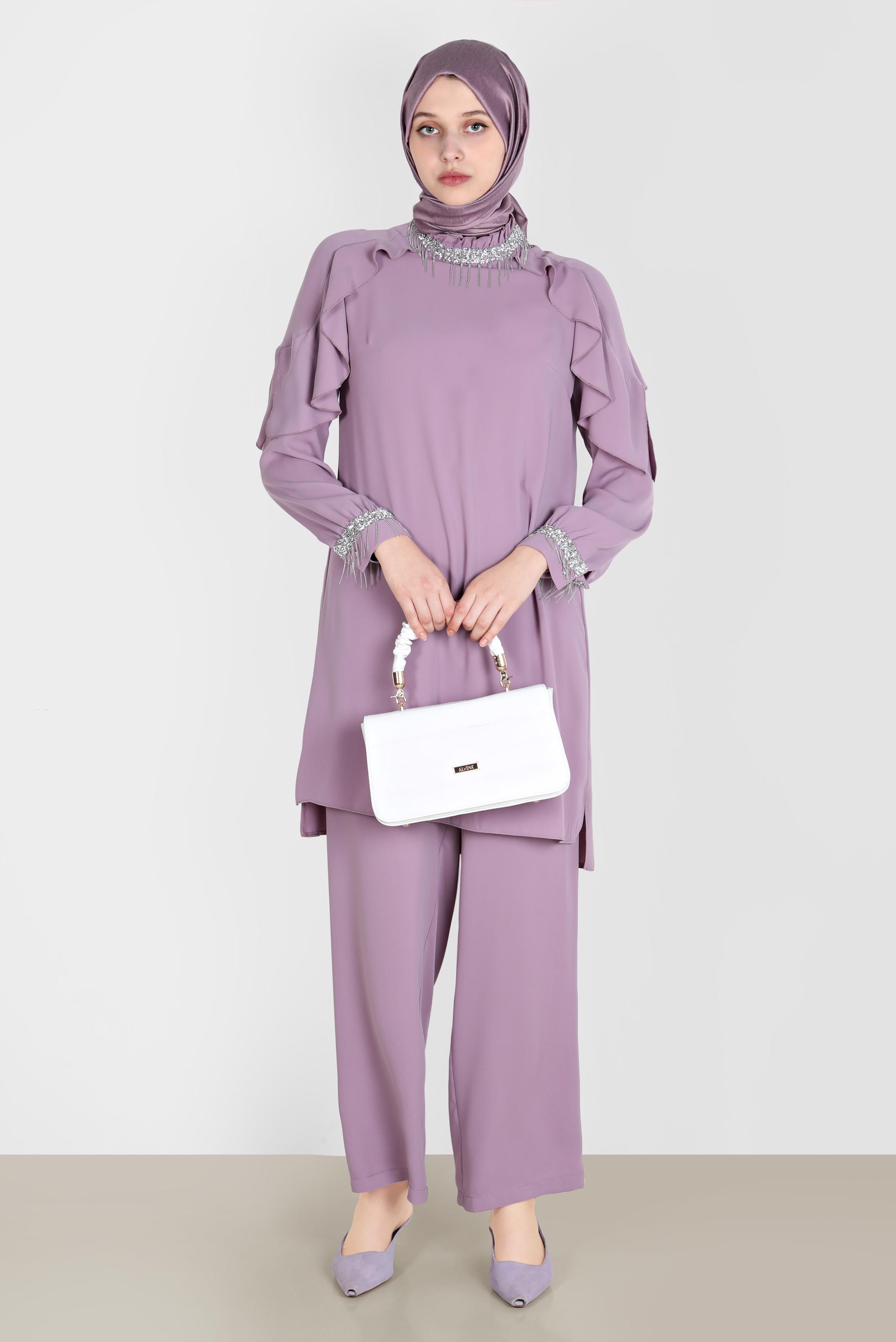 Tesettür giyim MOR PÜSKÜL DETAYLI VOLANLI İKİLİ PANT. TAKIM 30259 